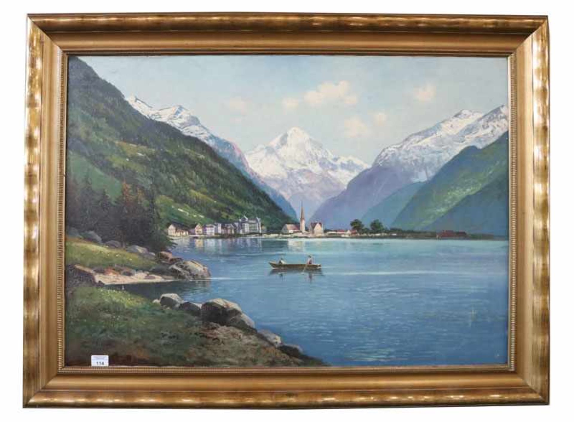 Gemälde ÖL/LW 'Gebirgslandschaft mit Dorf am Seeufer', signiert C. Hiller ?, LW stark beschädigt und