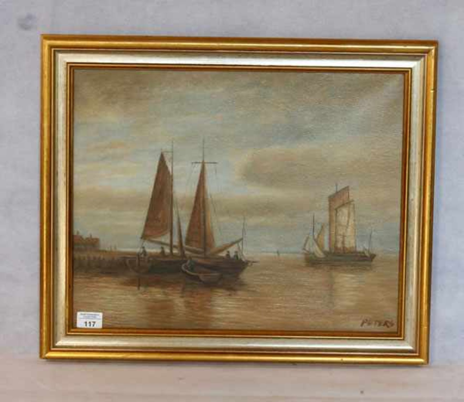 Gemälde Öl/ LW 'Hafen-Szenerie mit Segelbooten', signiert Peters, gerahmt, Rahmen leicht