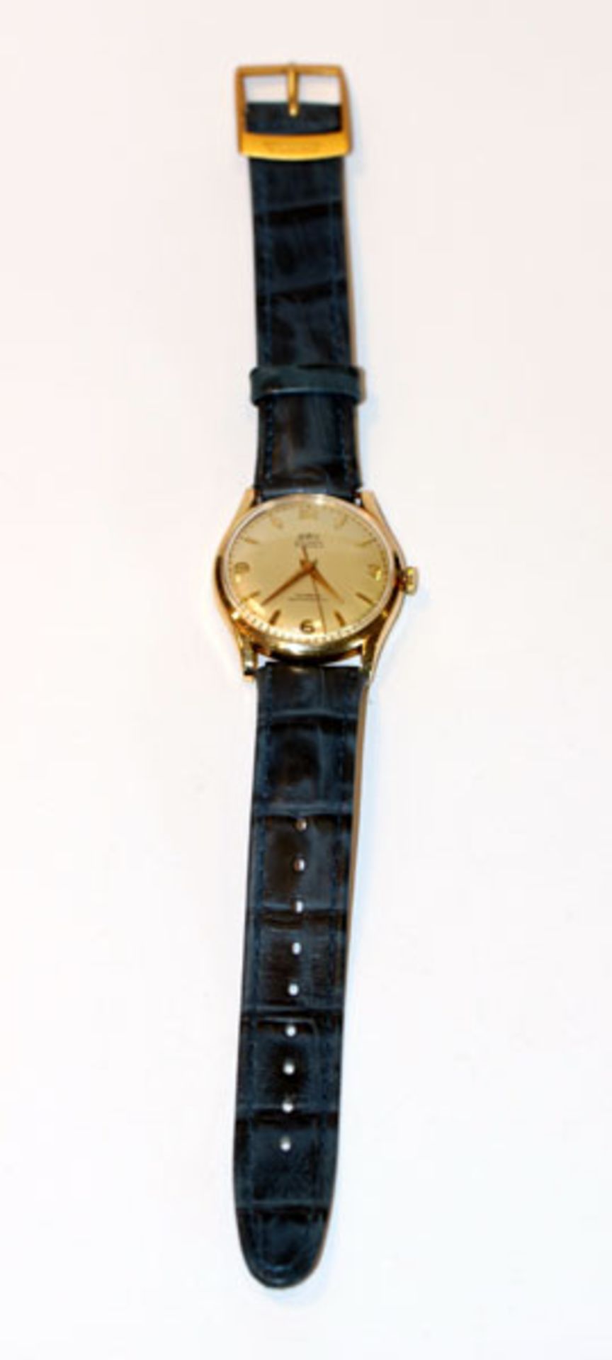 BWC Automatic Armbanduhr, 14, K Gelbgold Gehäuse, intakt, an blauem Lederarmband, leichte