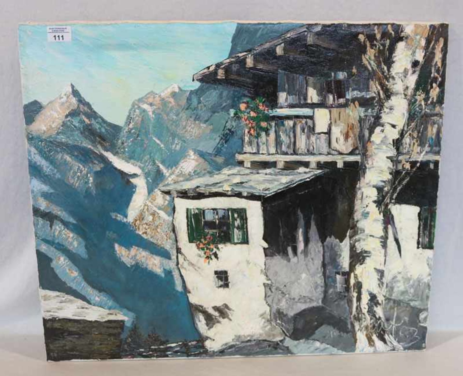 Gemälde ÖL/LW 'Bergbauernhof im Hochgebirge', in der Art Mulley, ohne Rahmen, 60 cm x 70 cm
