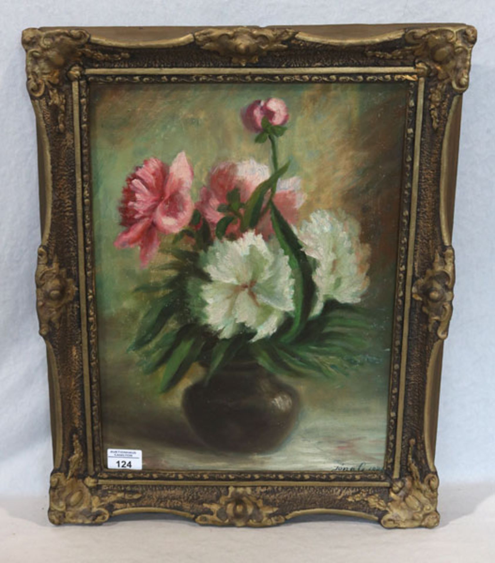 Gemälde ÖL/Malkarton 'Blumenstilleben in Vase', signiert Jona G.1948, gerahmt, Rahmen beschädigt,