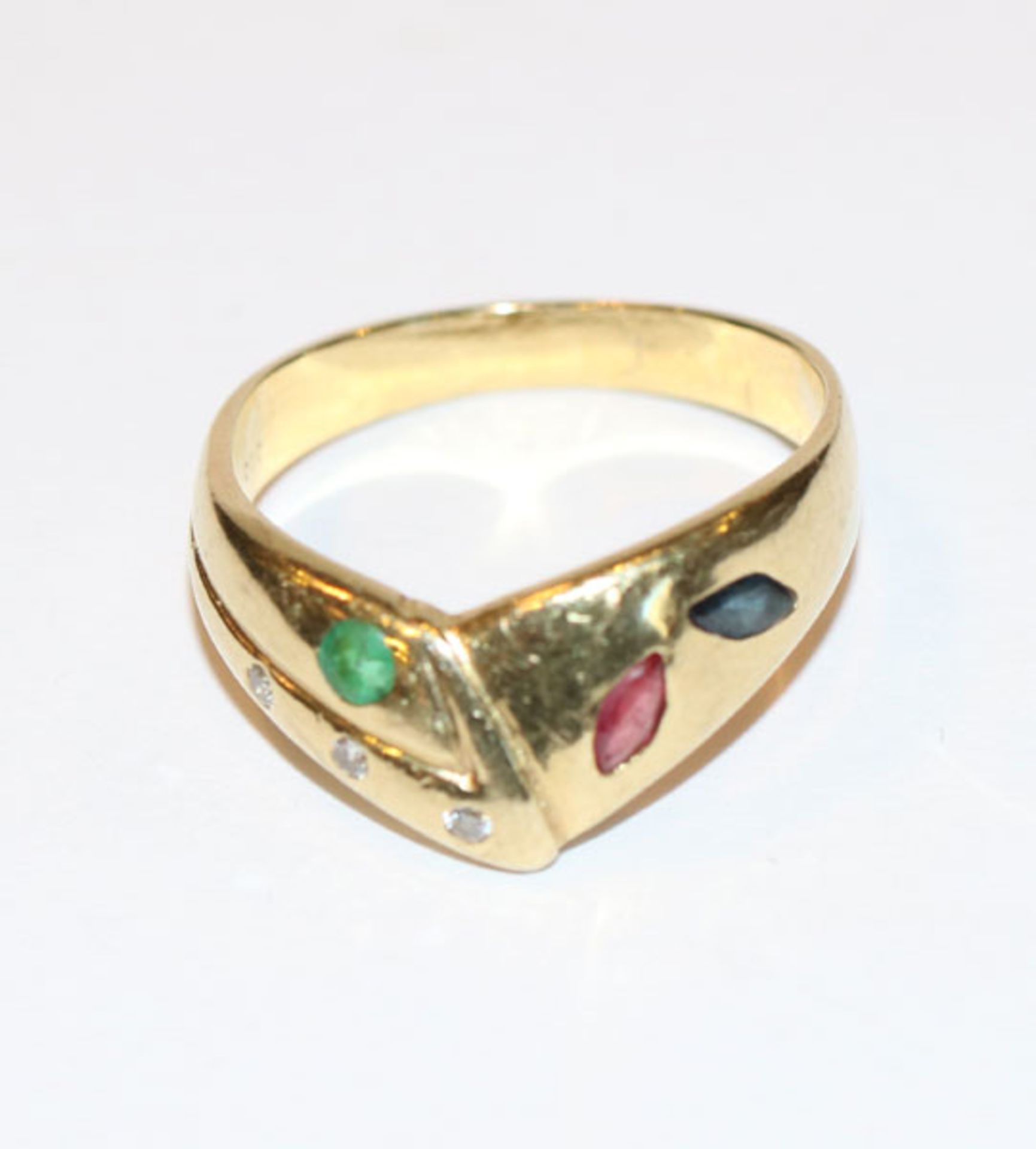 14 k Gelbgold Ring mit kleinen Diamanten, Rubin, Safir und Smaragd, Gr. 56, 4,5 gr.