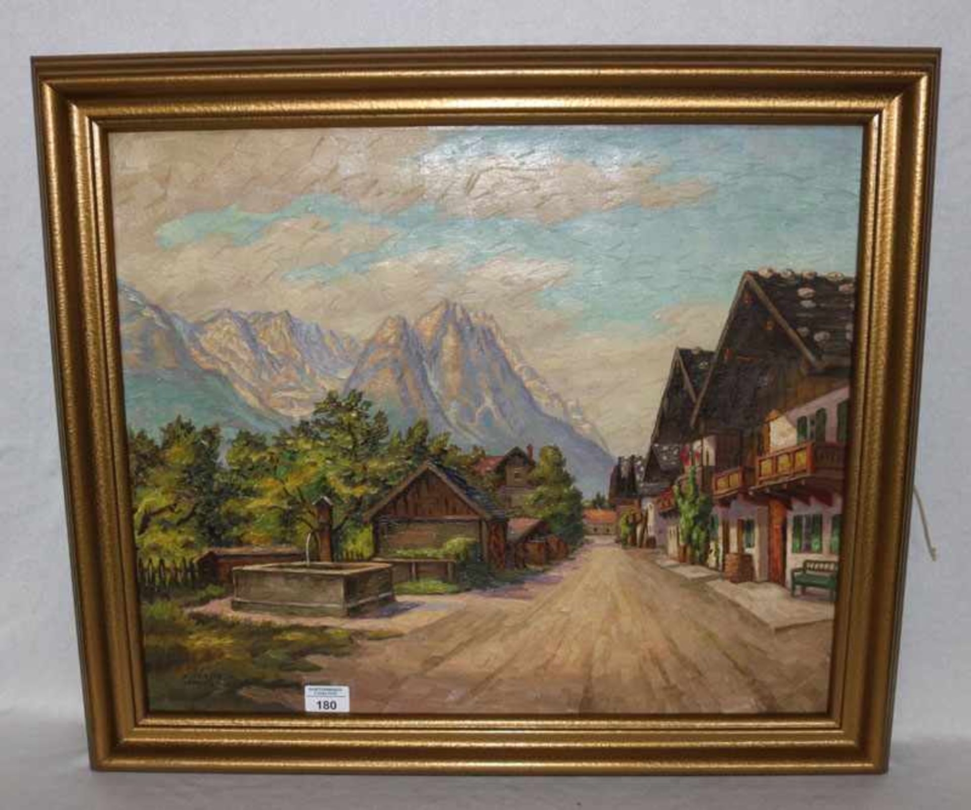 Gemälde ÖL/LW 'Frühlingsstrasse in Garmisch mit Blick zum Wettersteingebirge', signiert K. Hübsch,