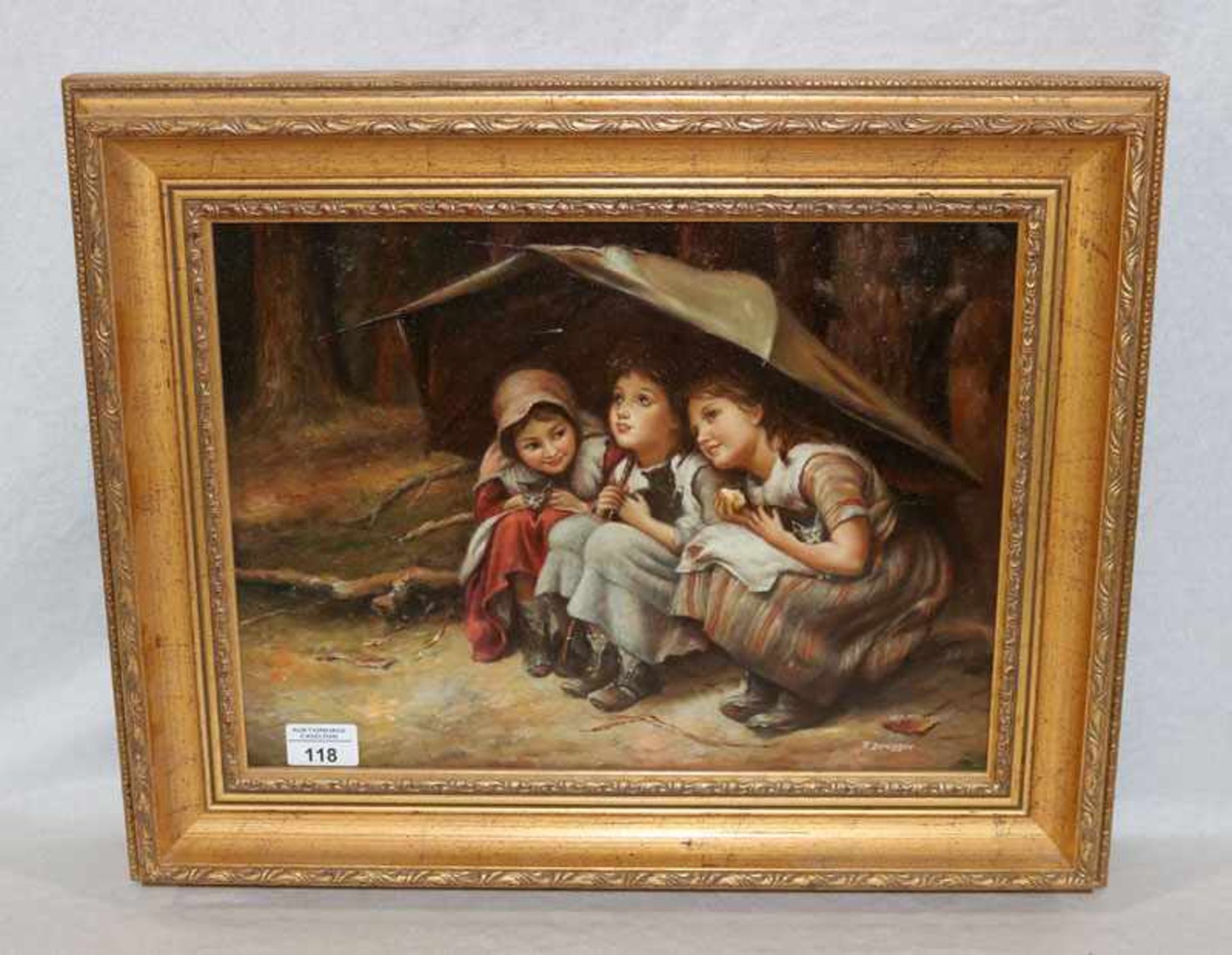 Gemälde ÖL/Holz '3 Mädchen und Schirm', signiert F. Dregger, gerahmt, incl. Rahmen 43,5 cm x 53 cm