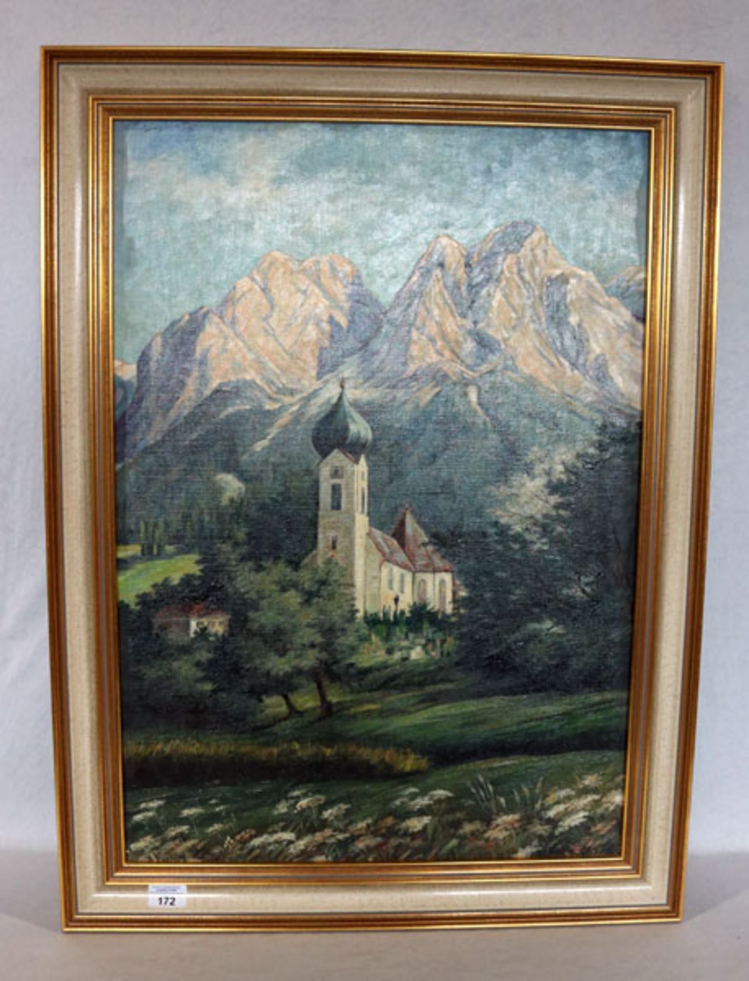 Gemälde ÖL/LW 'Grainauer Kirche vor den Waxensteinen', signiert E. Beckert, datiert 35, gerahmt,