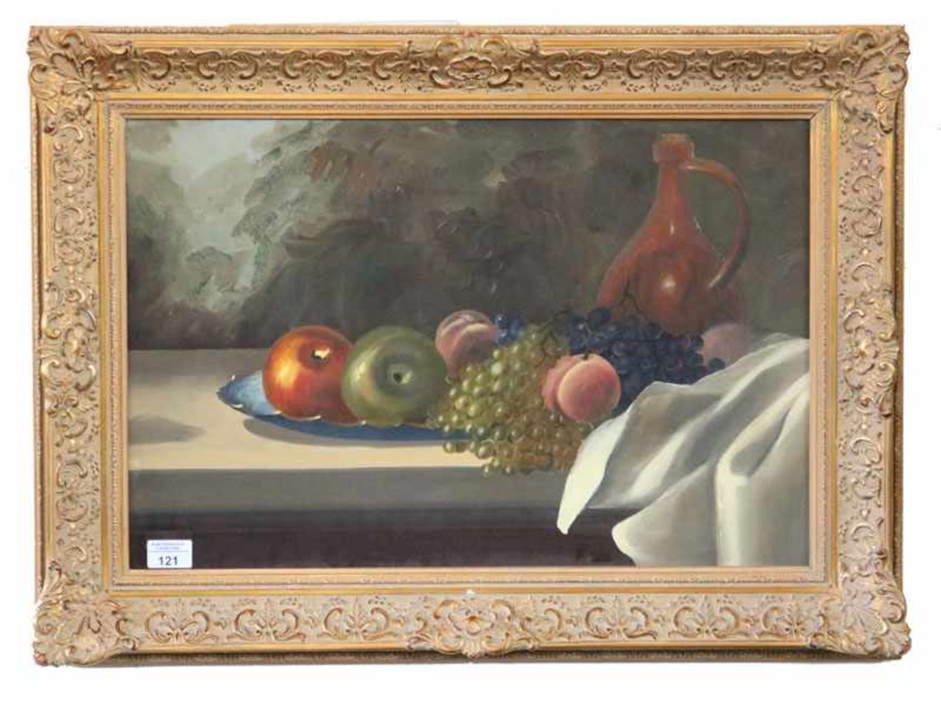 Gemälde ÖL/LW 'Stillleben mit Früchten und Krug', signiert Ruscher, Reinhold * 1918 Dresden * 1981