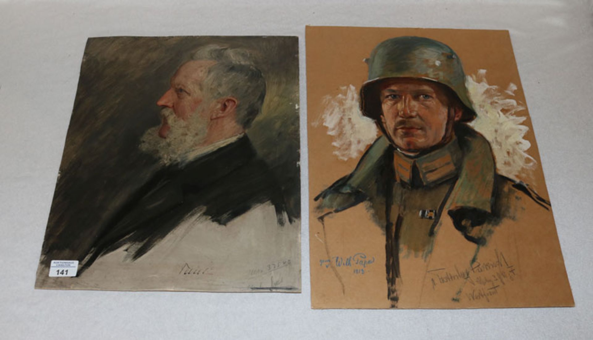 2 Gemälde ÖL/Karton 'Portrait eines Hauptmann an der Westfront', gem. Wilh. Pape, 1918, Karton