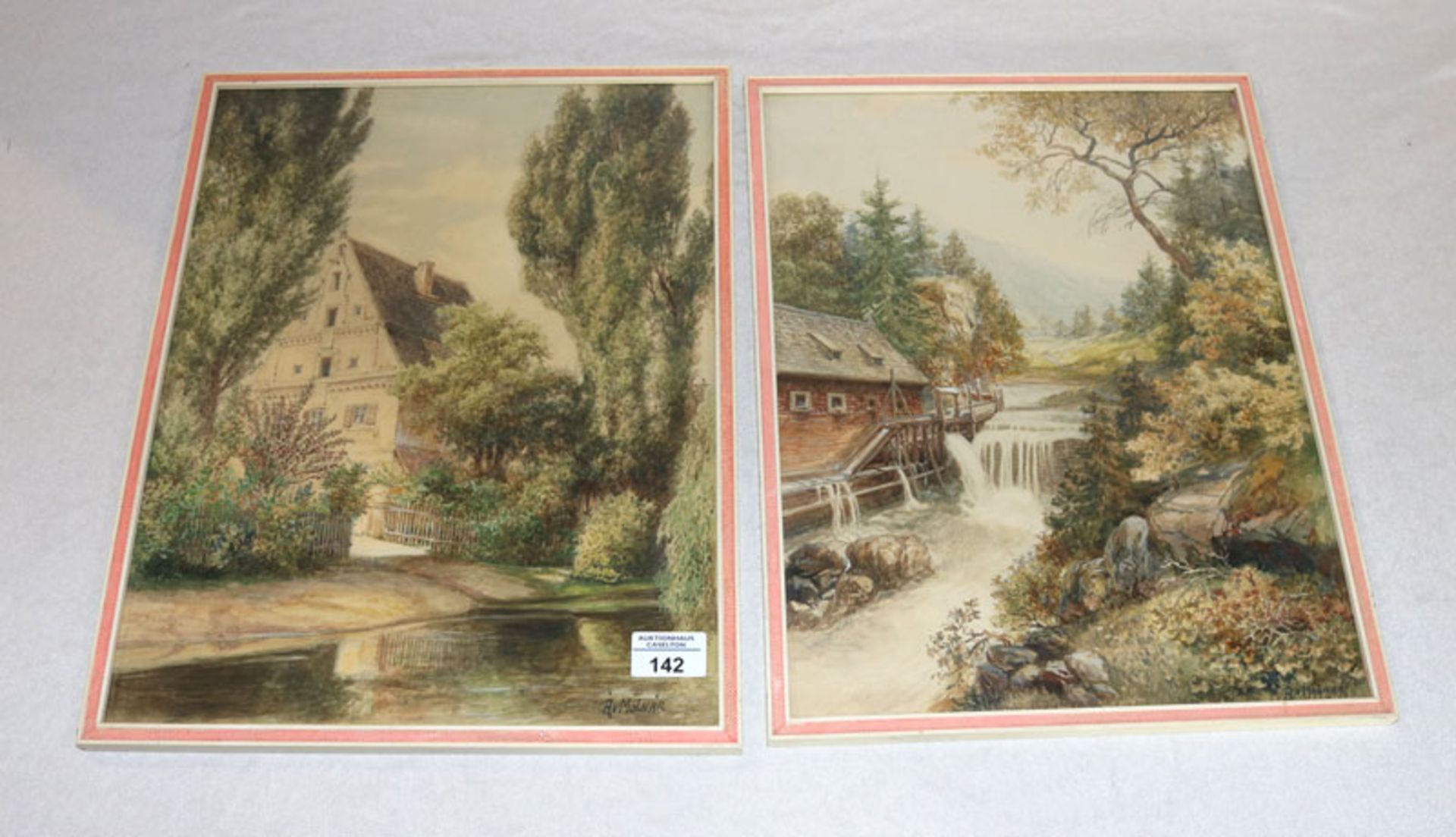 2 Aquarelle 'Mühle am Bach' und 'Haus am Bach', beide signiert A. v. Mollnar, unter Glas gerahmt,