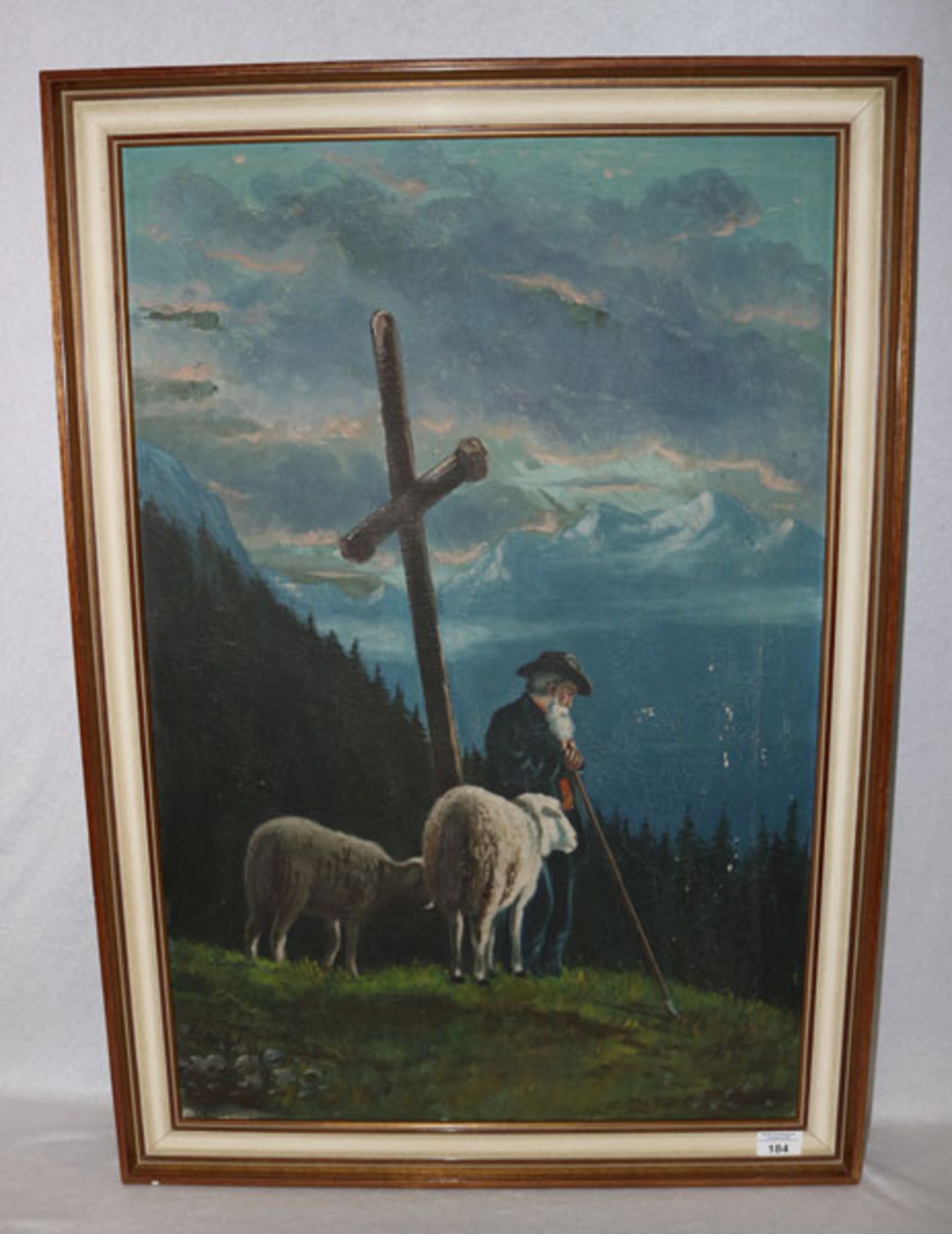 Gemälde ÖL/LW 'Schäfer mit Schafen an Bergkreuz', undeutlich signiert, gerahmt, Rahmen bestossen,