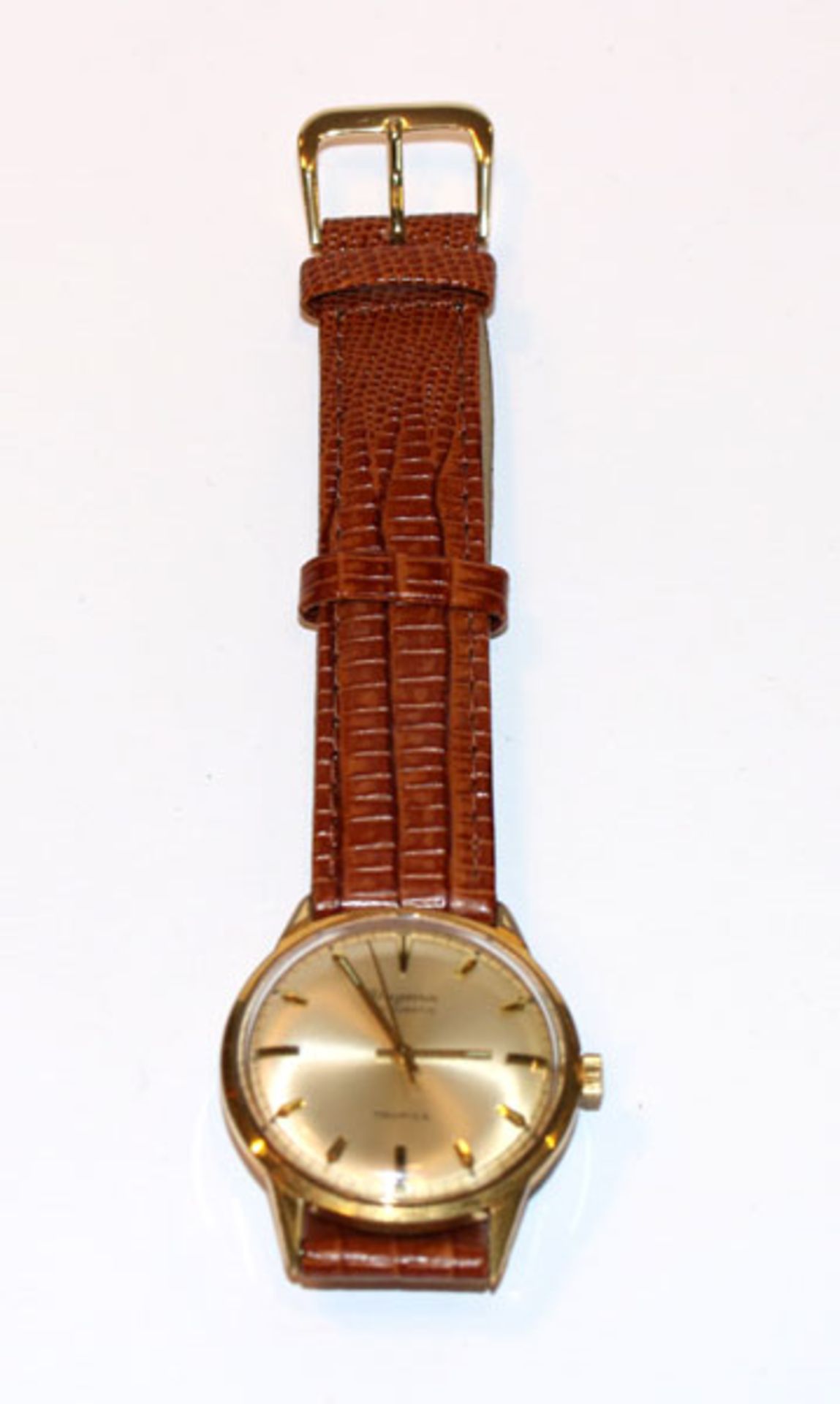 Dugena Herren Armbanduhr, Tropica Automatic, intakt, ca. um 1965, an neuwertigem, braunem