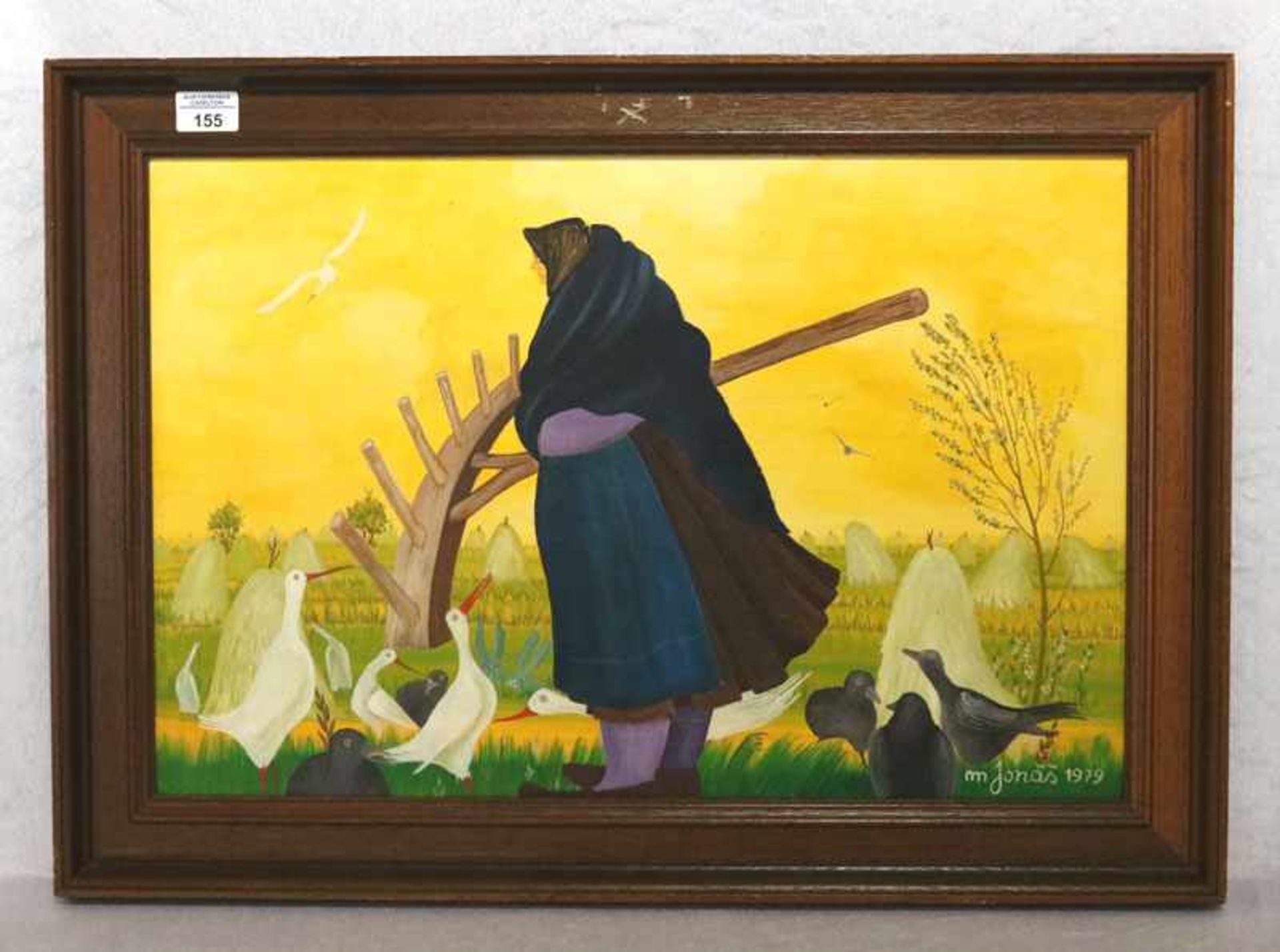 Gemälde 'Bäuerin mit Vogel', signiert M. Jonas, 1979, * 1924 + 1996, gerahmt, incl. Rahmen 51 cm x