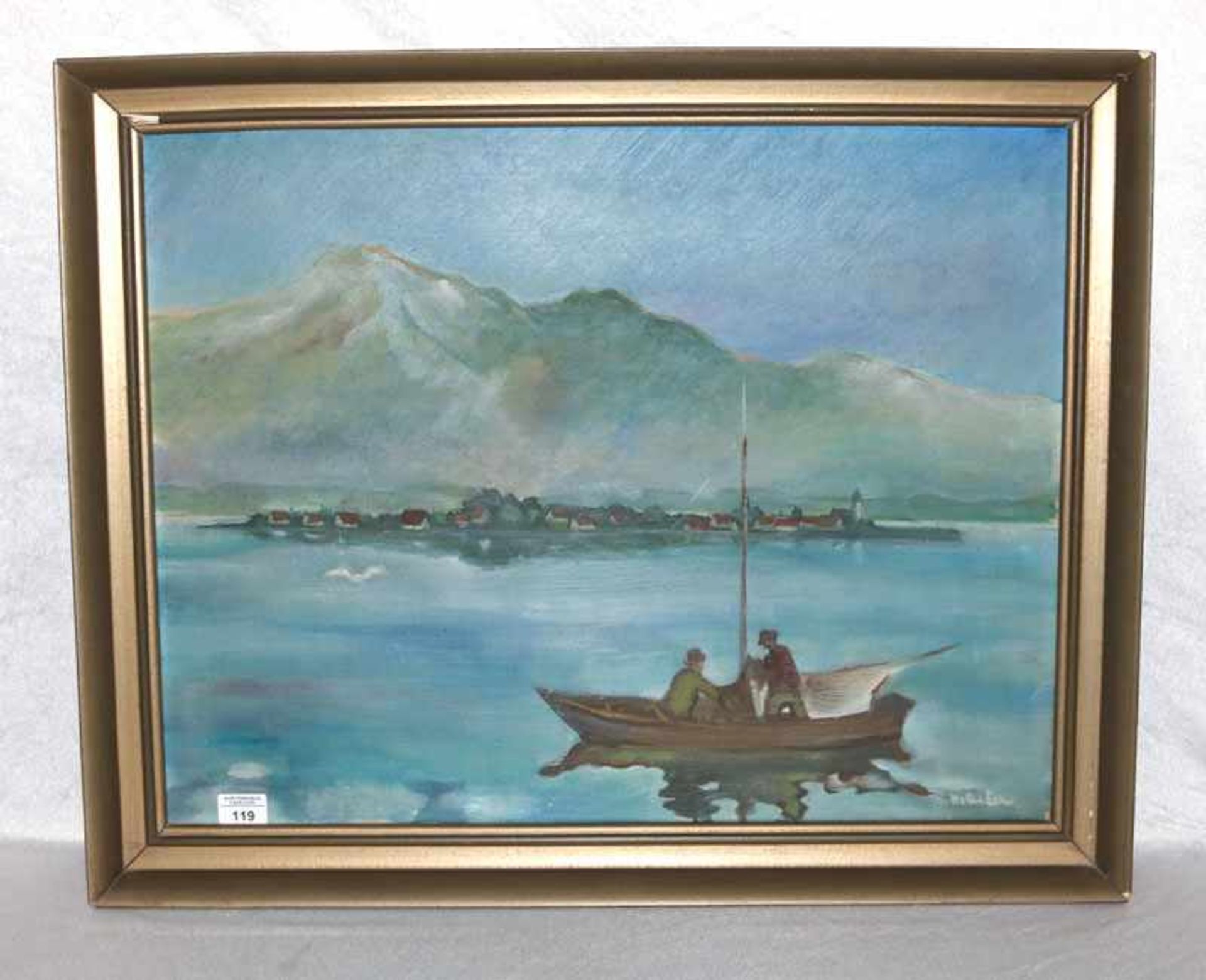Gemälde ÖL/LW 'Fischerboot vor Frauenchiemsee', signiert Walter Eck, * 1895 Würzburg + 1973 München,