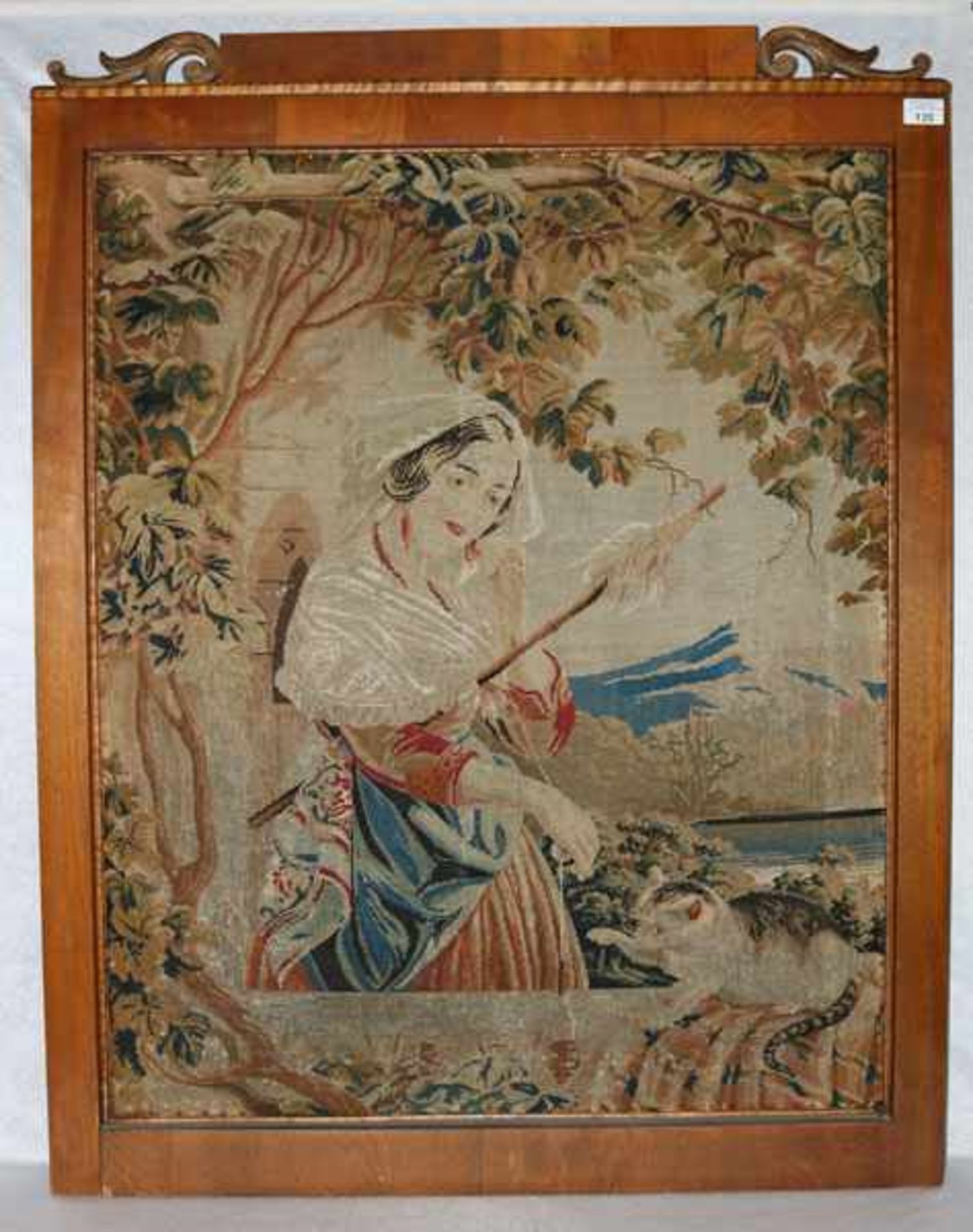 Gobelinstickbild 'Frau mit Spindel und Katze', starke Altersspuren, gerahmt, incl. Rahmen 112 cm x
