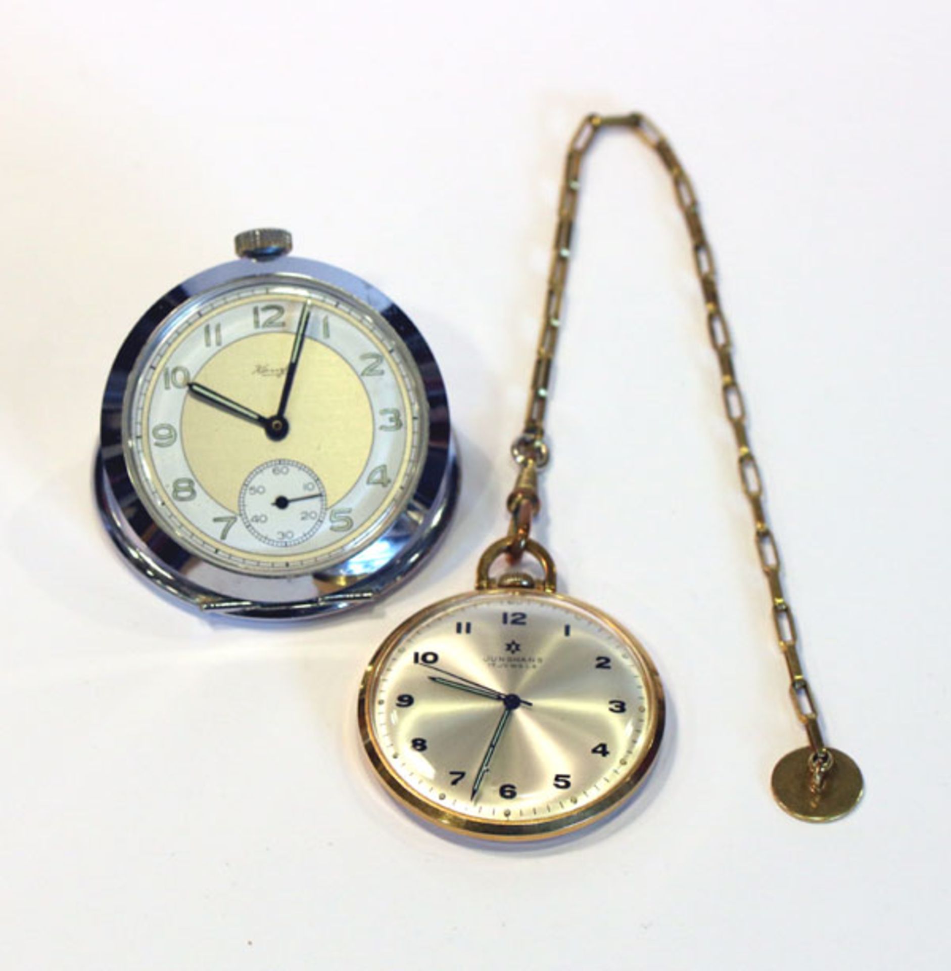 Junghans Doublé Taschenuhr, D 4 cm, an Kette, L 21 cm, und Kienzle Nickel Taschenuhr mit Ring zum