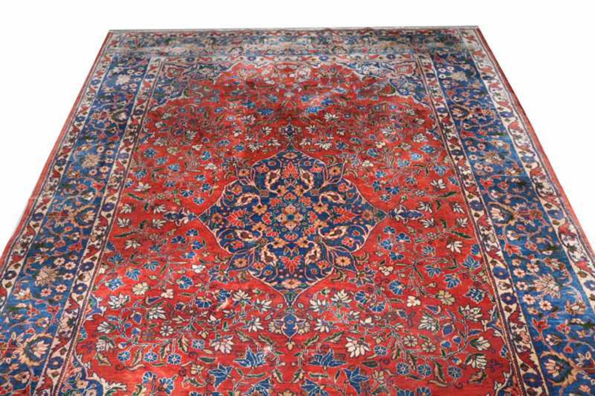 Teppich, Keshan, rot/blau/bunt, signiert, Gebrauchsspuren, teils fleckig, 258 cm x 204 cm