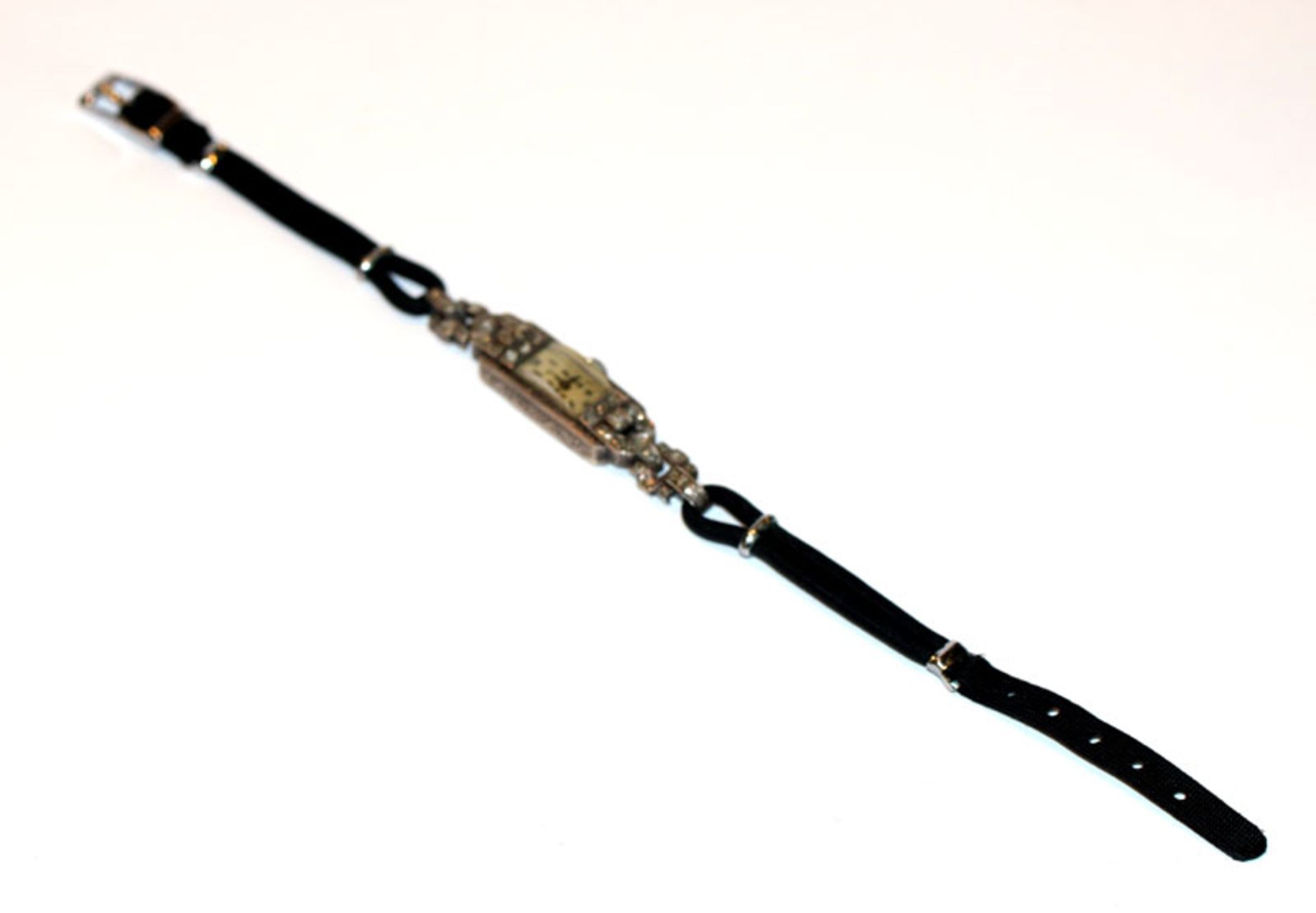 Silber Damen Armbanduhr mit Rosendiamanten an schwarzem Stoffband, L 18 cm, Tragespuren