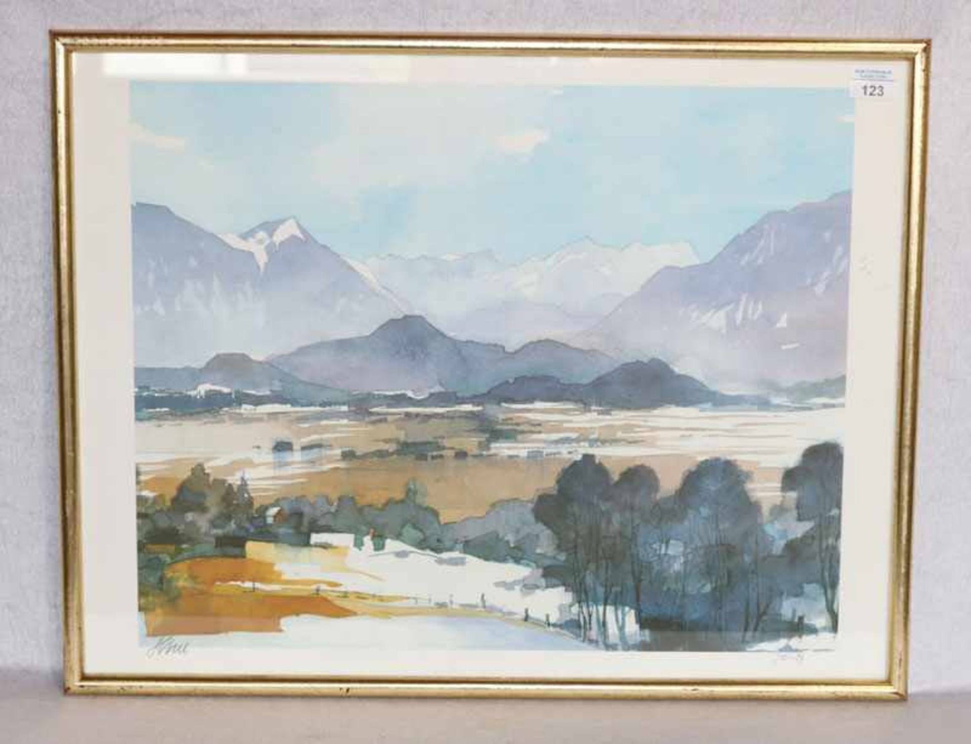 Farblithographie 'Murnauer Moor mit Wettersteingebirge', Nr. 70/89, in der Platte signiert Hierl,