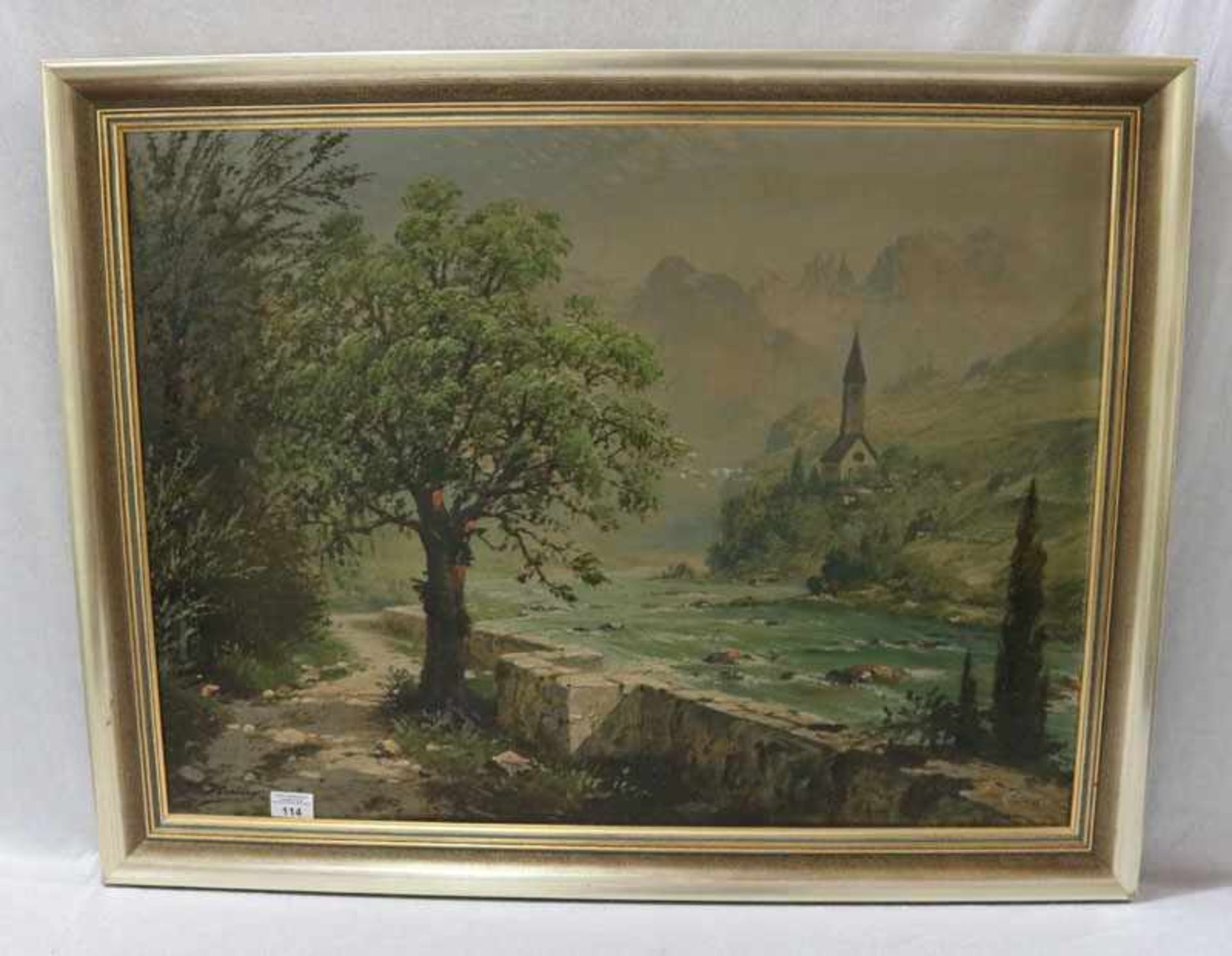 Gemälde ÖL/LW 'Landschafts-Szenerie mit Kirche in den Dolomiten', undeutlich signiert, gerahmt,