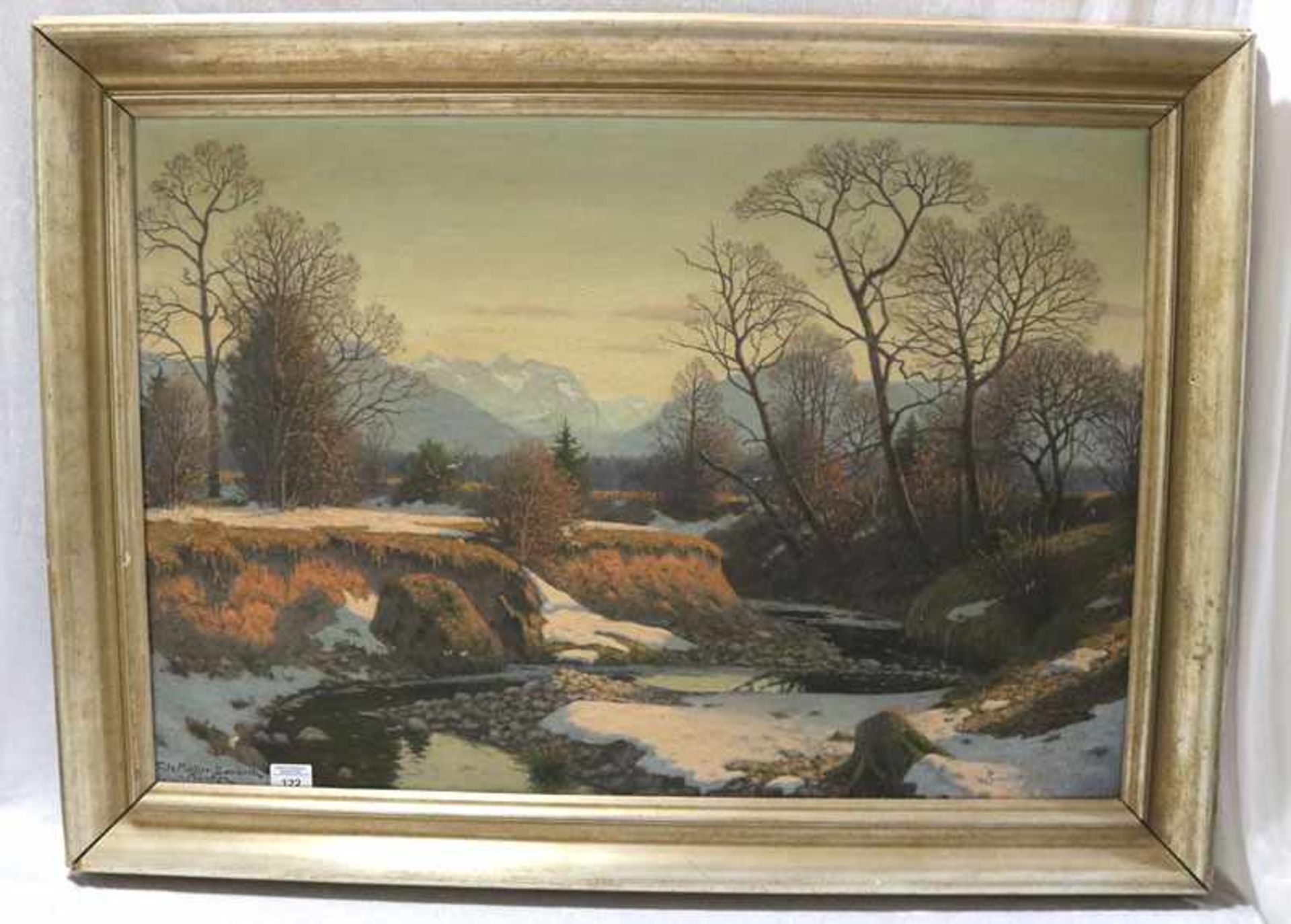Gemälde ÖL/LW 'Murnauer Moor vor Wettersteingebirge', signiert Fritz Müller, Landeck, Ortsbez.