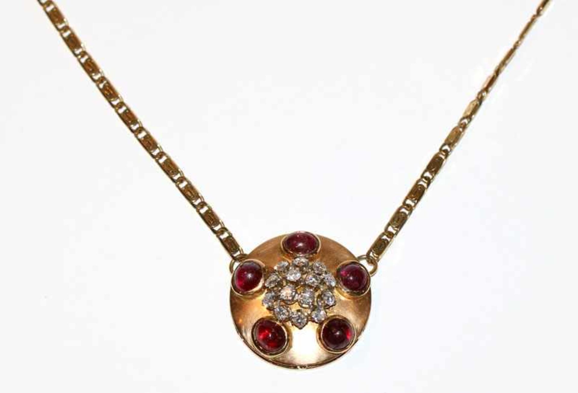 Collierkette, Kette 8 k Gelbgold, Collier-Mittelteil aus 14 k Gelbgold mit 5 Runbincabochons und