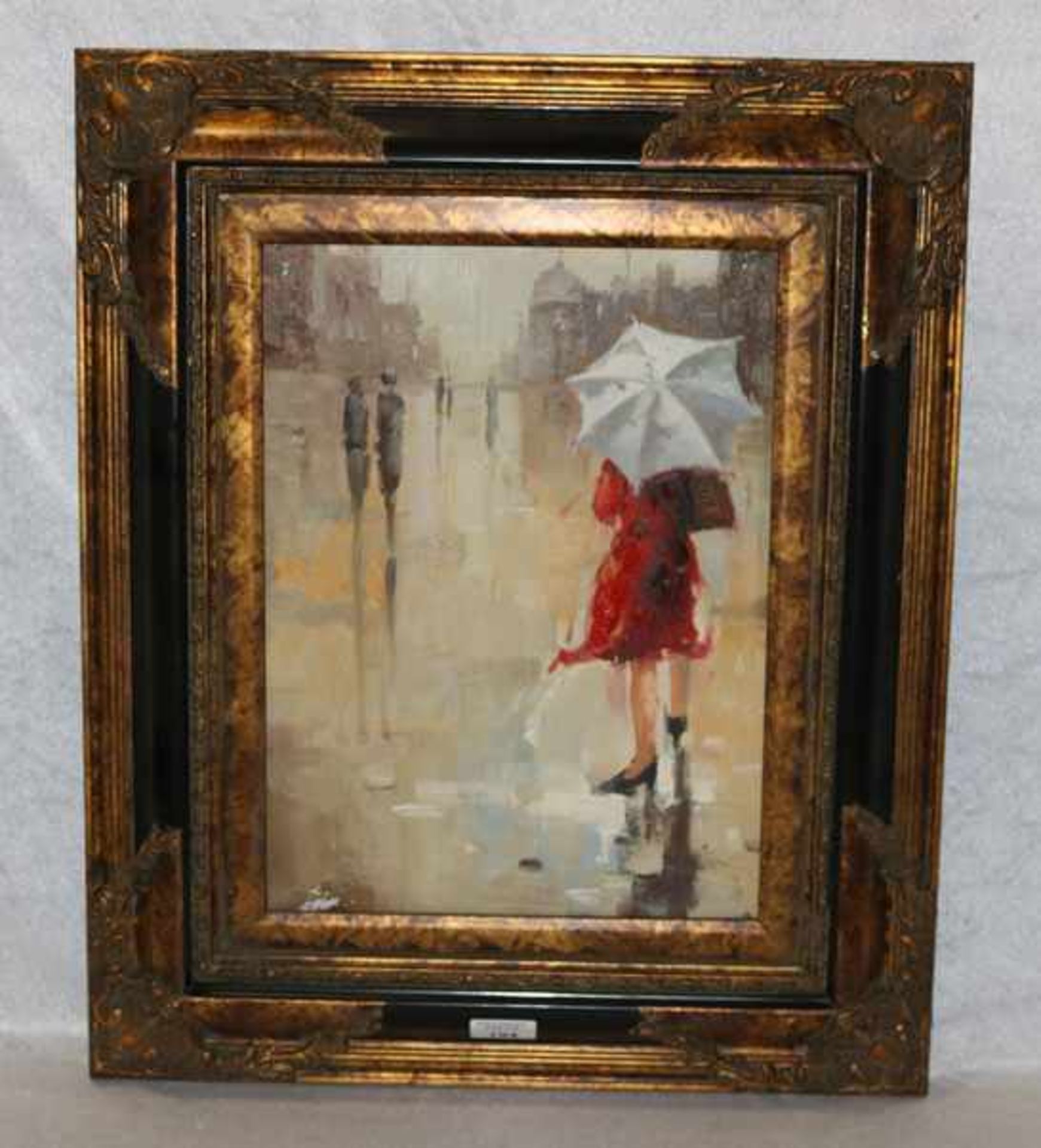 Gemälde ÖL/LW 'Dame mit rotem Mantel und weißem Schirm', LW hat Farbablösungen, schön gerahmt,