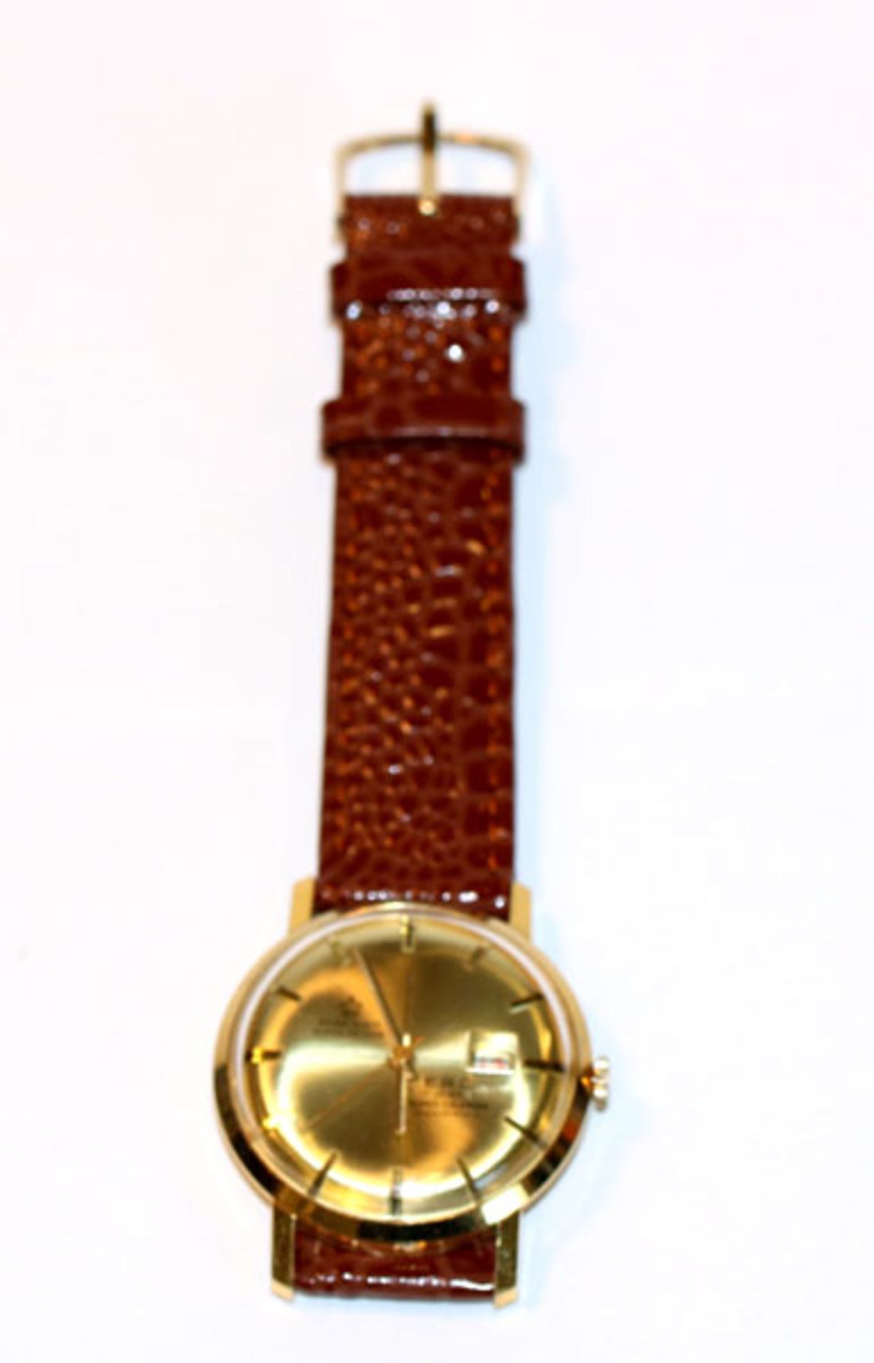 E.R.C. Herren Armbanduhr mit Datum, mechanisches Werk, intakt, wenig getragen, an neuem, braunem