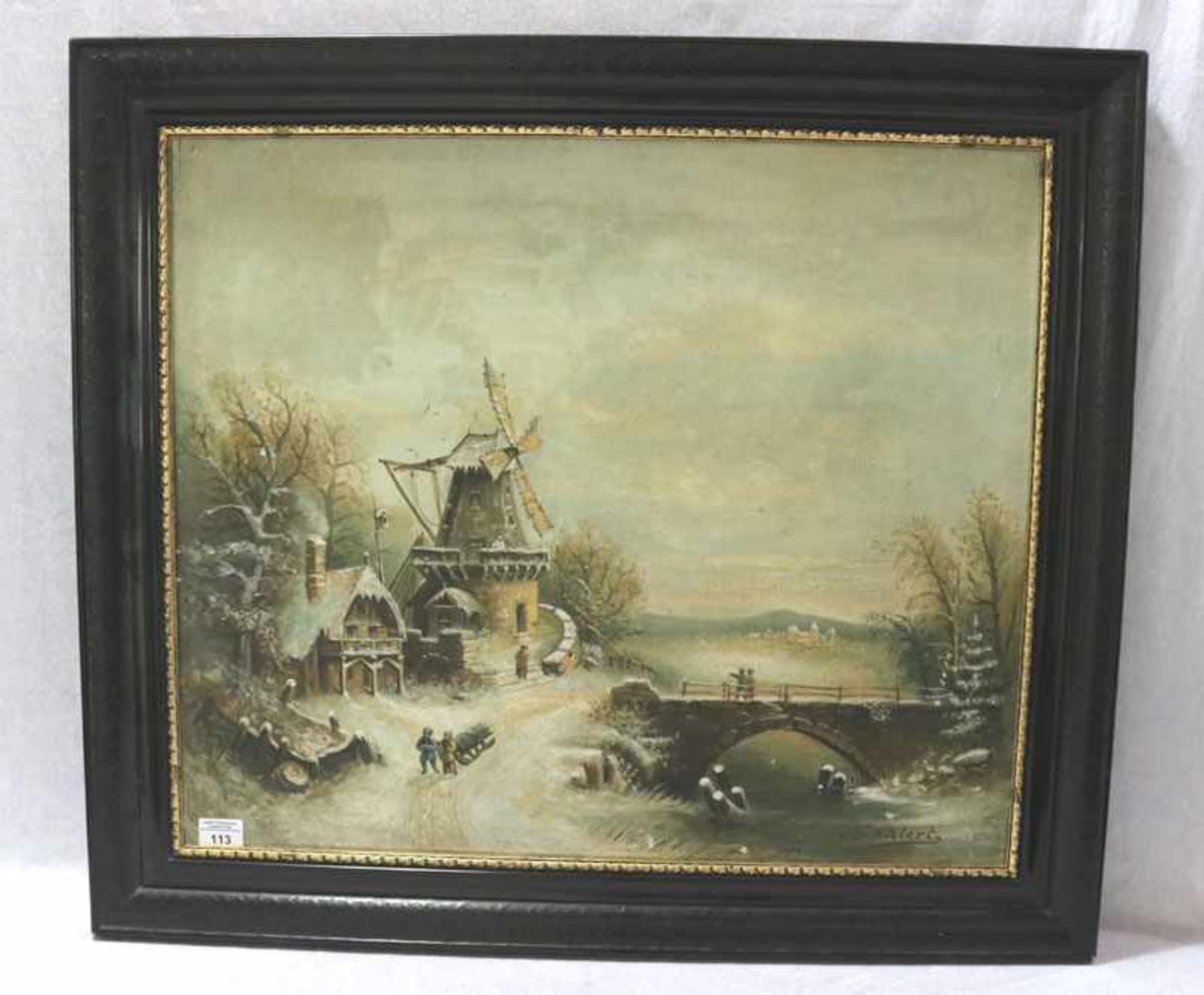 Gemälde ÖL/LW 'Holländische Winterlandschaft mit Windmühle', signiert H. Ehlert, gerahmt, Rahmen