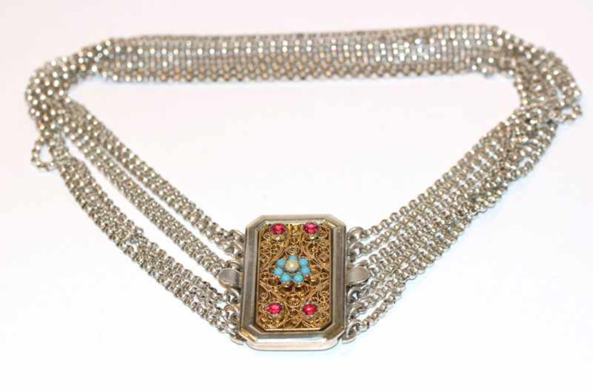 Silber Kropfkette, 7-reihig, filigrane Schließe mit Glassteinen verziert, L 35 cm, neuwertig