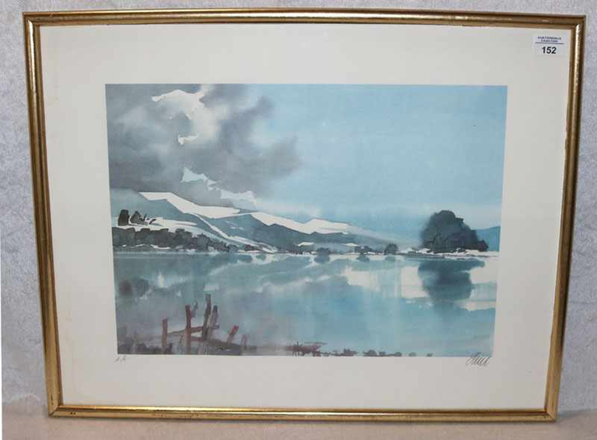 Lithographie Erstabzug 'Staffelsee im Winter', signiert Hierl, Fritz, * 1920 + 2005 Murnau, Blatt