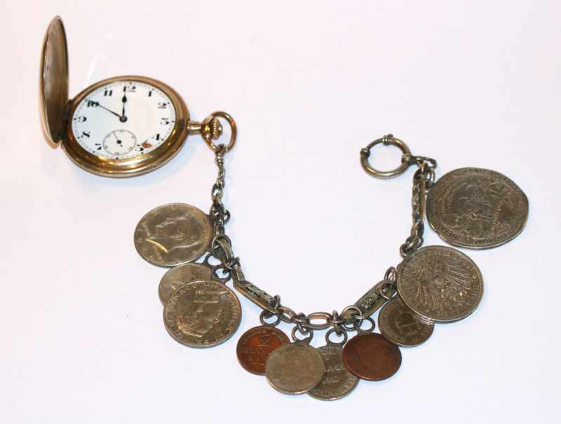 Charivari mit 10 Münzen/Medaillen Anhänger, teils Silber, L 23 cm, und Doublé Taschenuhr mit fein