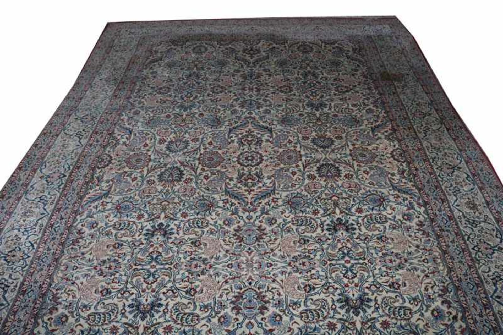 Teppich, Kirman, beige/blau/rot, Gebrauchsspuren, fleckig, stark abgetreten, 327 cm x 236 cm