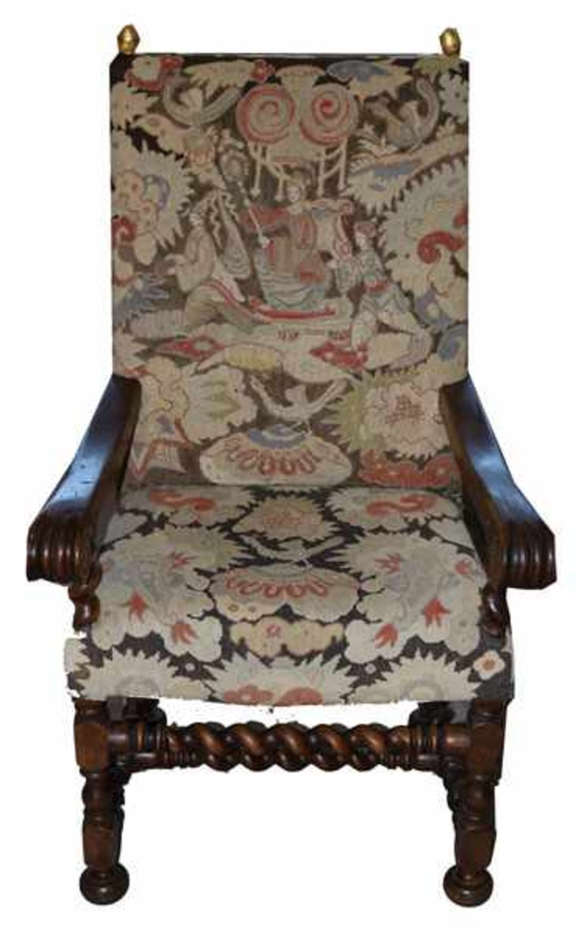 Armlehnstuhl, teils gedrechselt, Sitz und Lehne gepolstert und mit Gobelin bezogen, H 129 cm, B 70