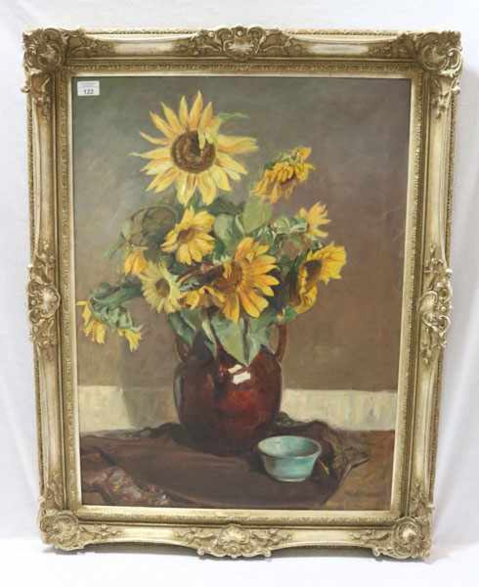 Gemälde ÖL/LW 'Blumenstillleben Sonnenblumen in Vase', signiert Wirnhier Fr. (Friedrich), datiert (