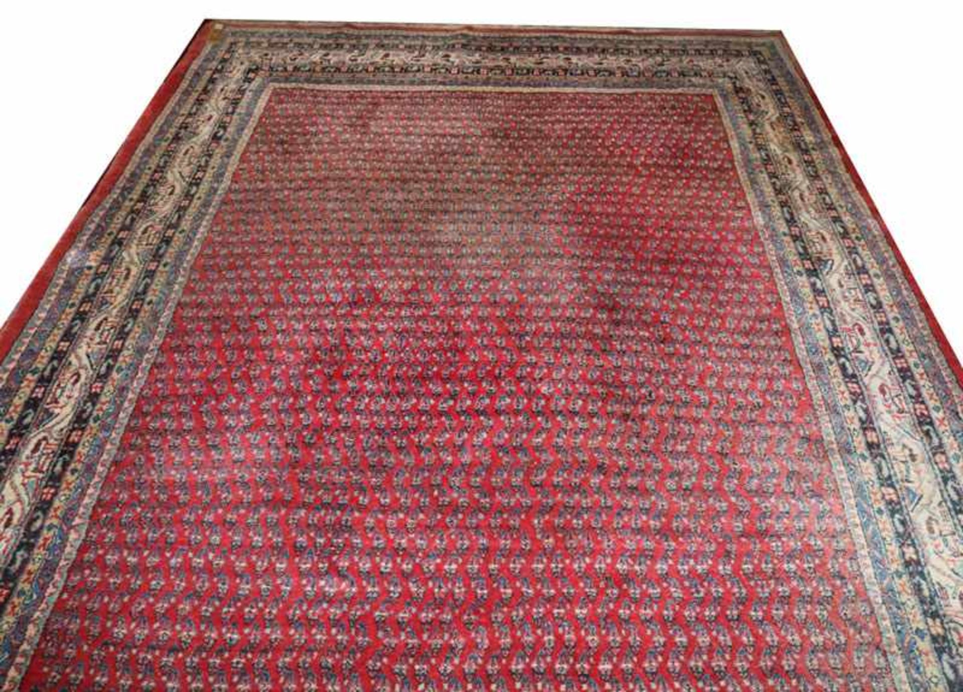 Teppich, Mir, rot/bunt, Gebrauchsspuren, teils beschädigt, 310 cm x 214 cm