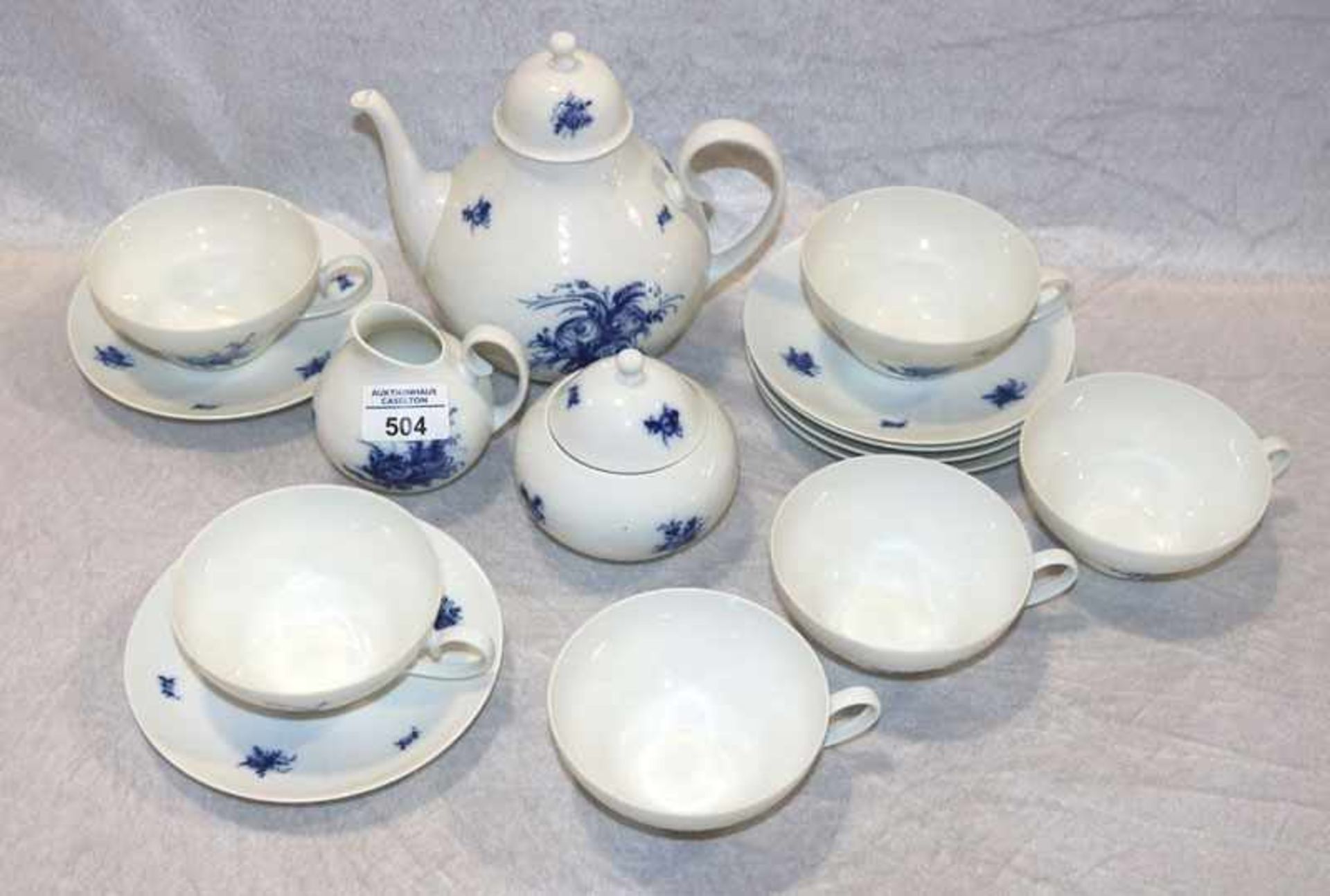 Rosenthal Tee-Service, Romance in Blau, Teekanne, Milch und Zucker, 6 Tee-Tassen mit Untertassen,