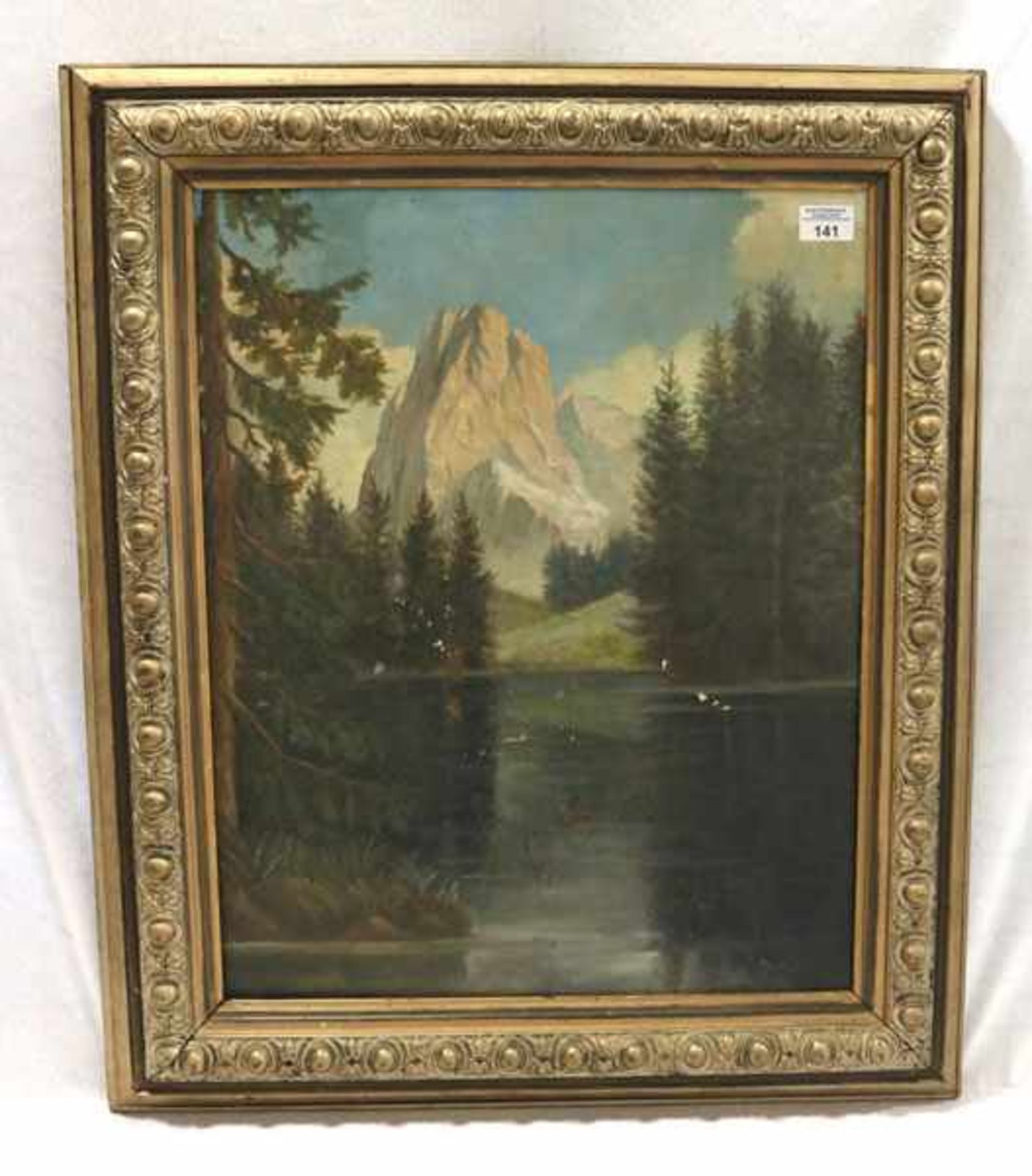 Gemälde ÖL/LW 'See im Hochgebirge', signiert Becker, LW beschädigt, gerahmt, Rahmen bestossen, incl.