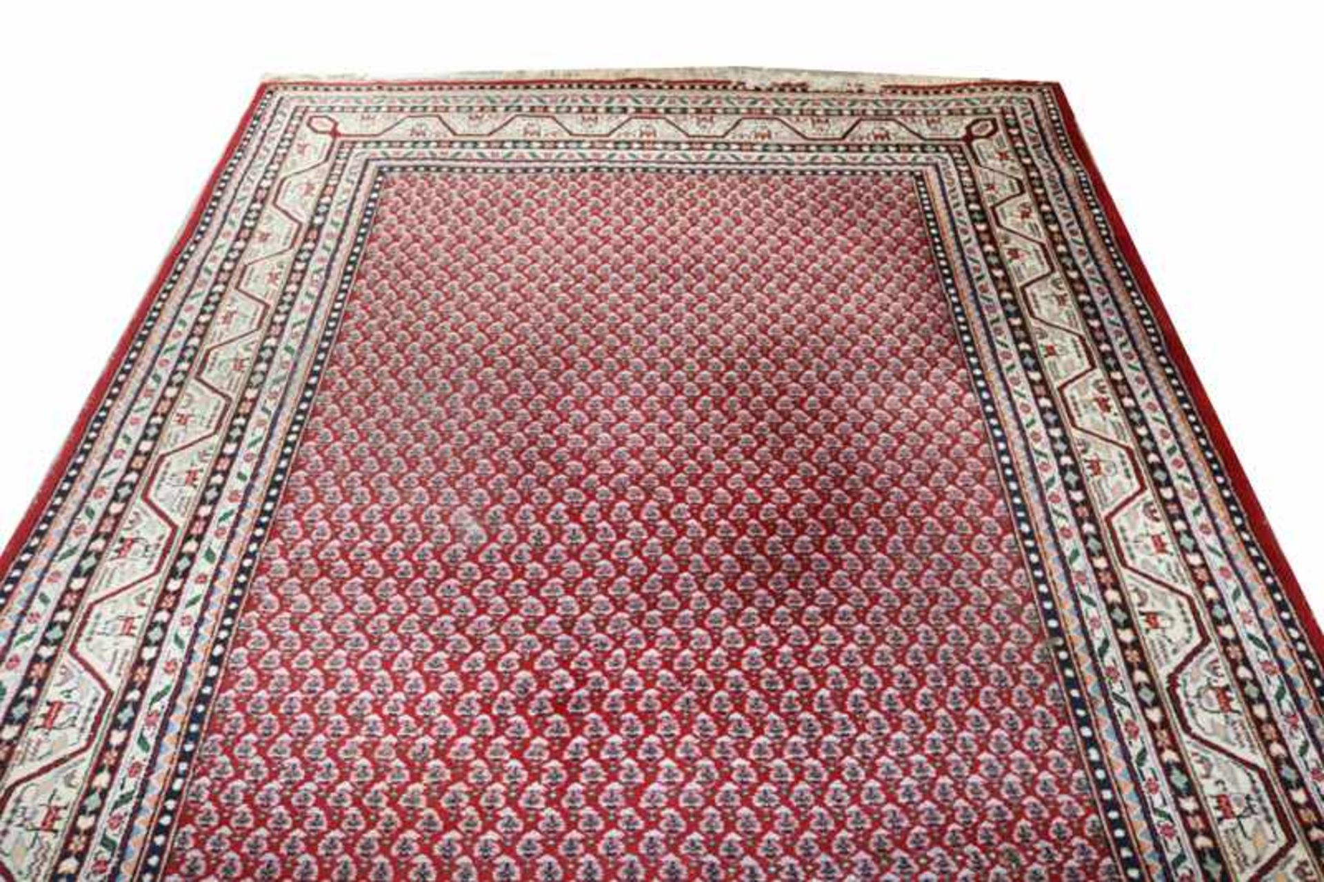 Teppich, Mir, rot/blau/bunt, Gebrauchsspuren, leicht fleckig, 300 cm x 204 cm