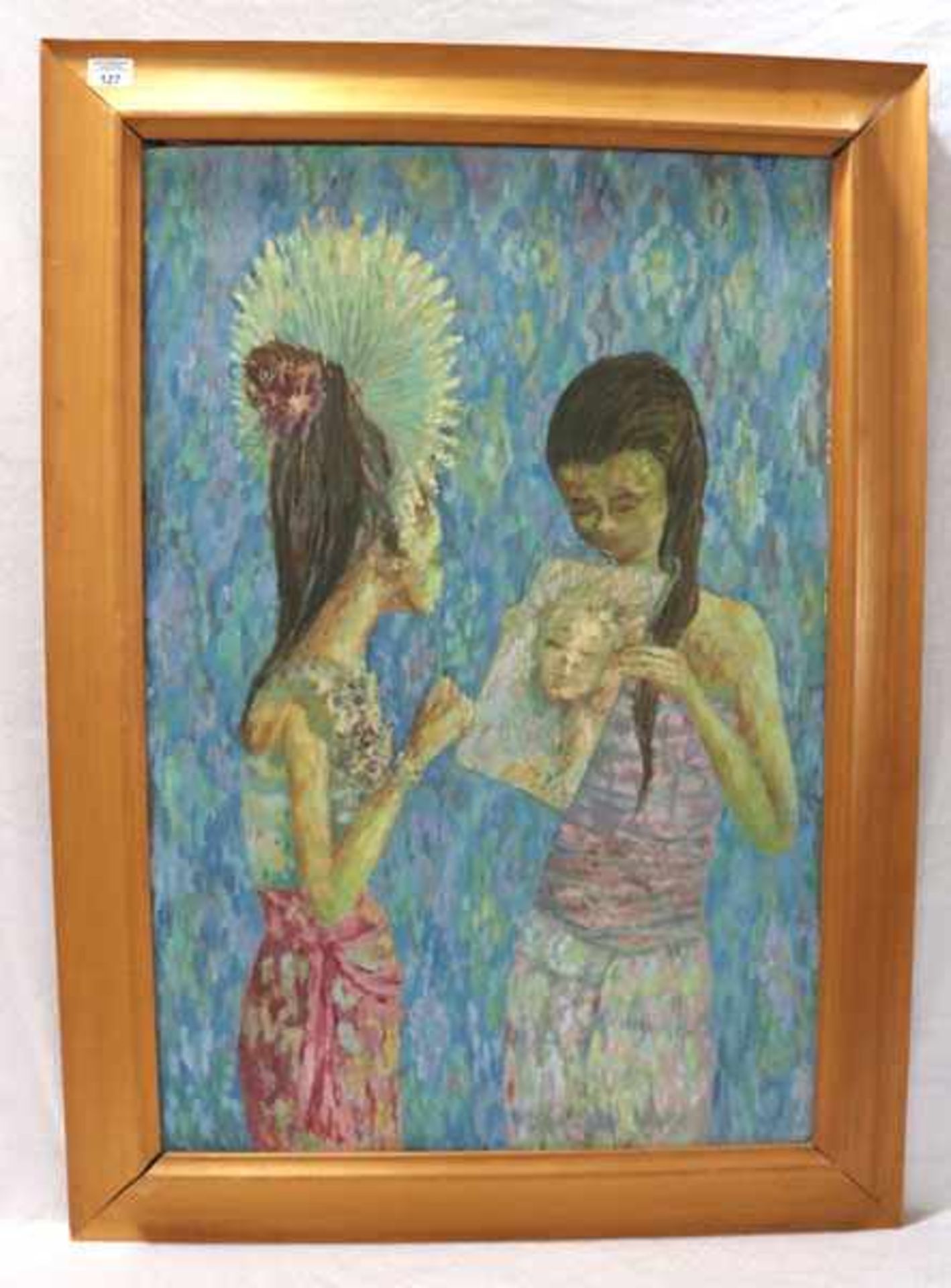 Gemälde ÖL/Hartfaser 'Bildnis von 2 Mädchen', indonesisch, rückseitig beschrieben, gemalt von