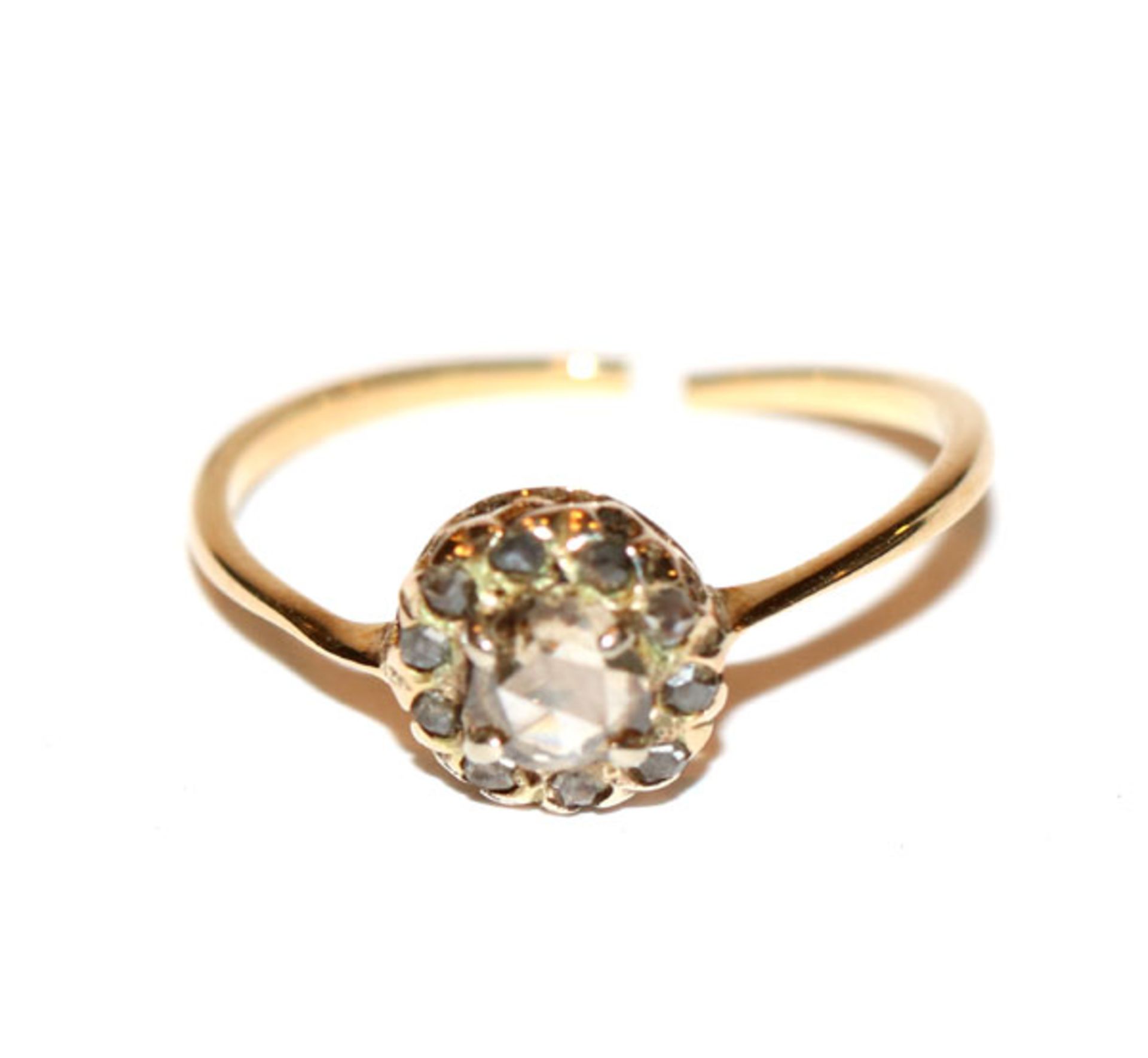 14 k Gelbgold Ring mit Rosendiamanten, Gr. 56, Ringschiene gebrochen