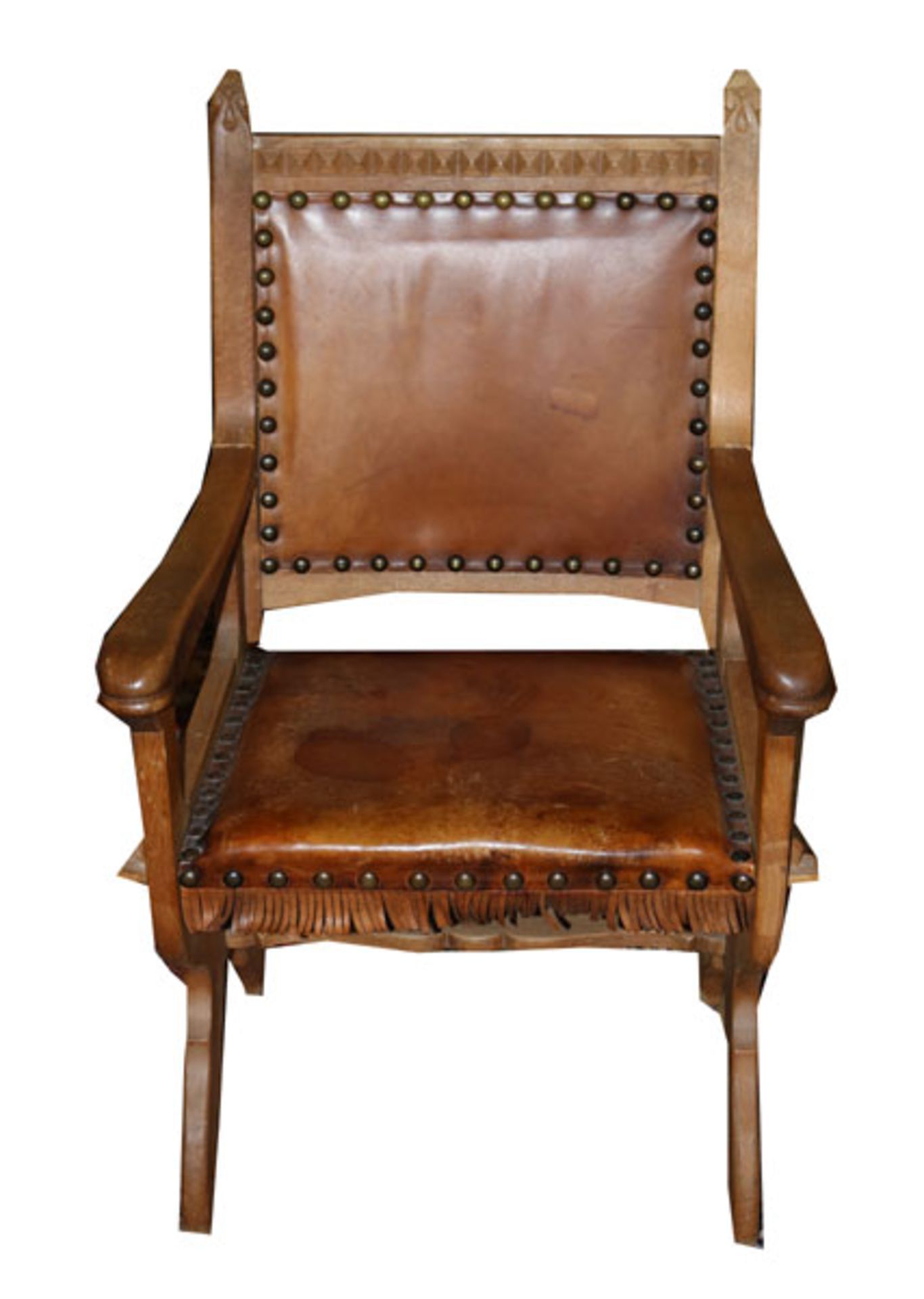 Rustikaler Eichen Armlehnstuhl, Sitz und Lehne mit Leder bezogen, fleckig, H 104 cm, B 62 cm, T 47