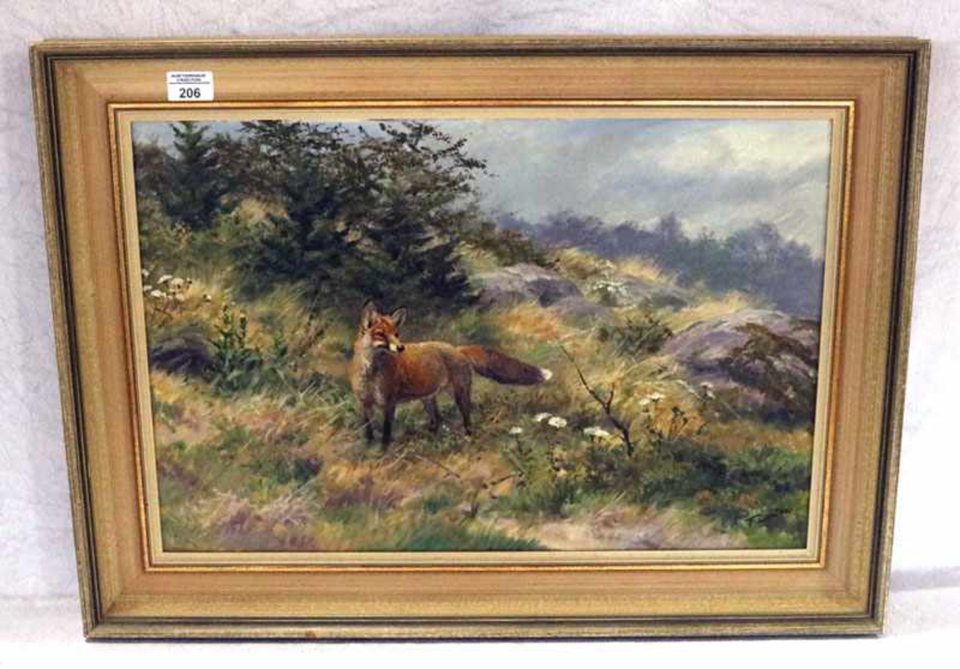 Gemälde ÖL/Karton 'Landschafts-Szenerie mit Fuchs', signiert F. (Fritz) Laube, * 1914 Berlin +