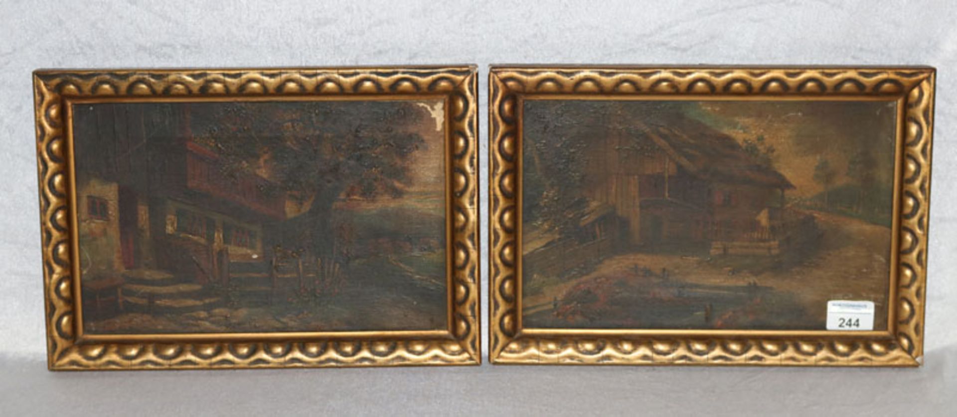 2 Gemälde ÖL/LW 'Bauernhöfe', gerahmt, LW und Rahmen beschädigt, incl. Rahmen 24 cm x 35 cm