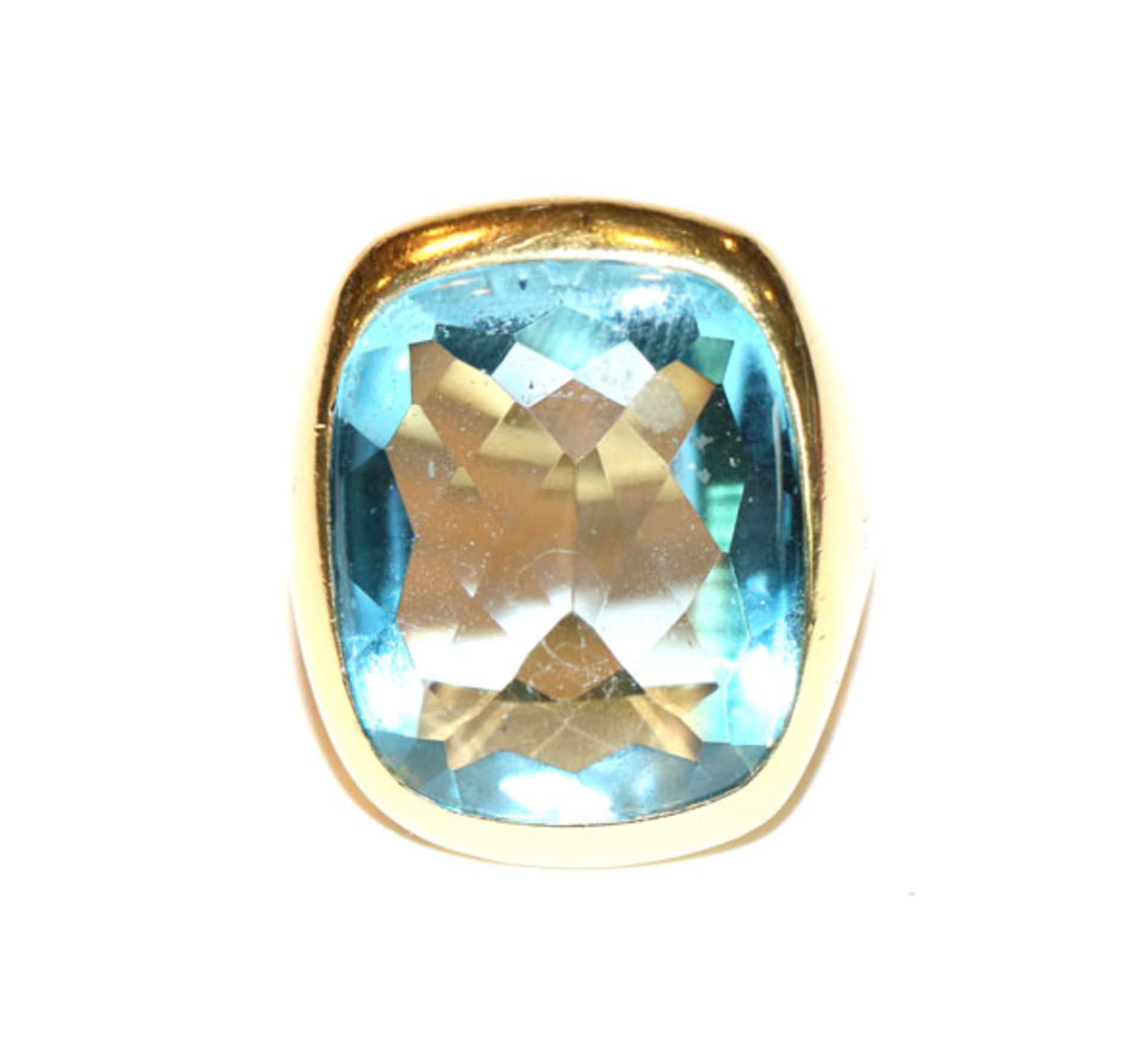 18 k Gelbgold Ring mit Blautopas, schwere Handarbeit, Gr. 53, 21,3 gr.