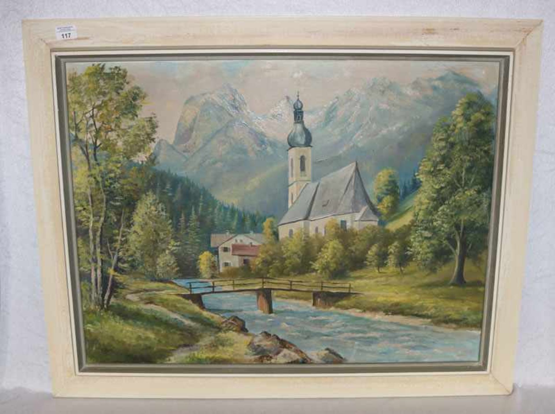 Gemälde ÖL/LW 'Ramsachkirche', gerahmt, Rahmen beschädigt, incl. Rahmen 75 cm x 95 cm