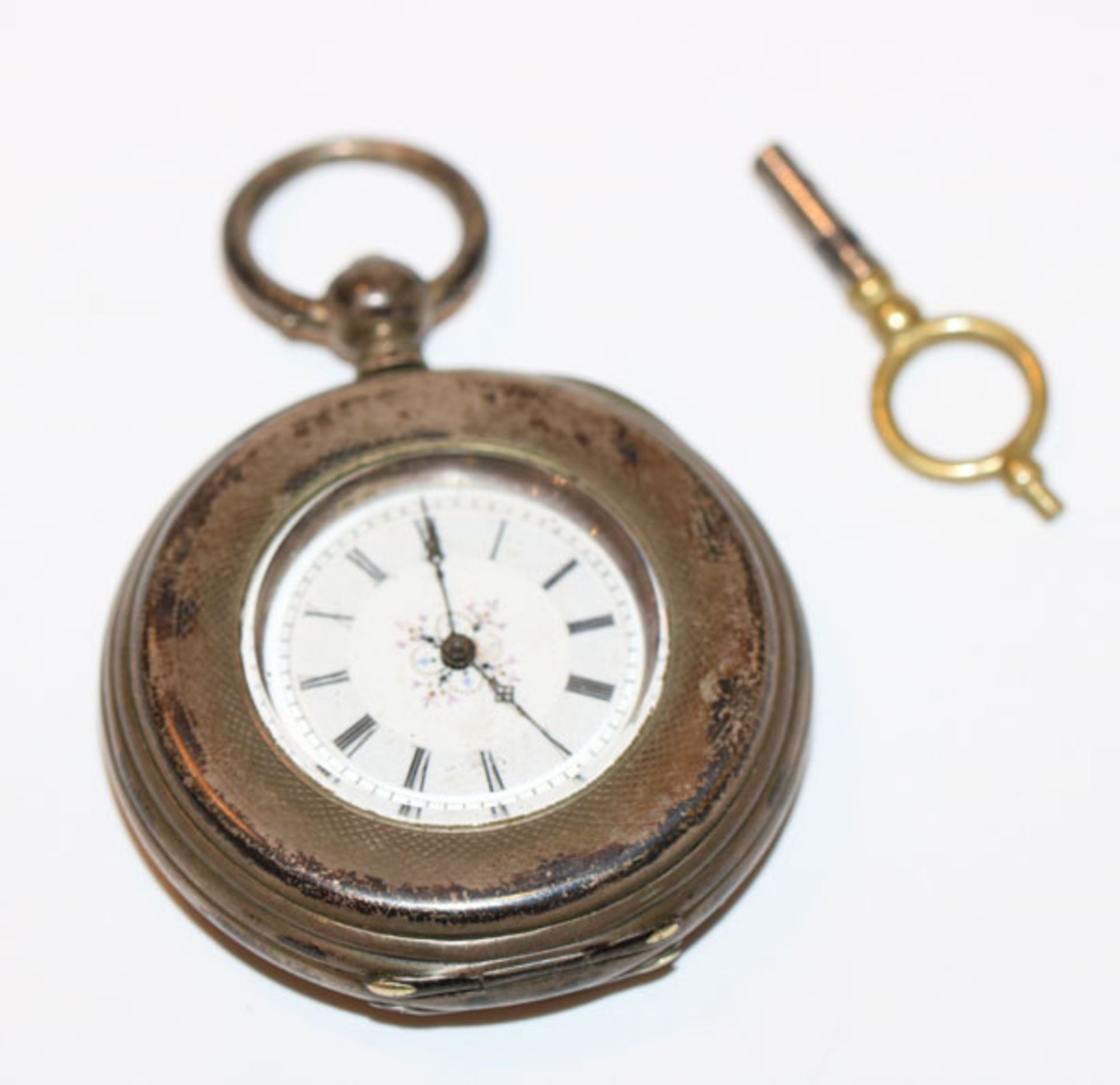 Silber Schlüssel-Taschenuhr, intakt, benötigt Reinigung, mit Schlüssel in Originaletui,