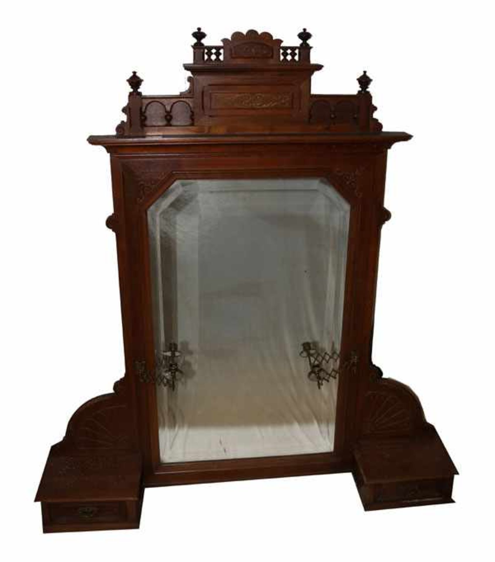 Aufsatzspiegel, Holzkorpus mit 2 Schüben, Kerzenleuchter und Spiegel mit Facettenschliff, H 125