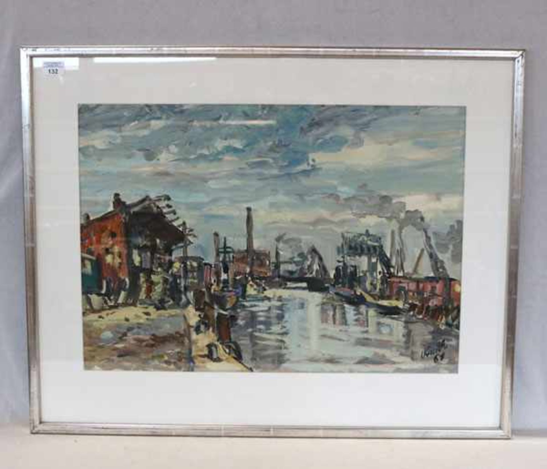 Gemälde Mischtechnik 'Hafen-Szenerie', signiert Knuth, datiert 61, mit Passepartout unter Glas