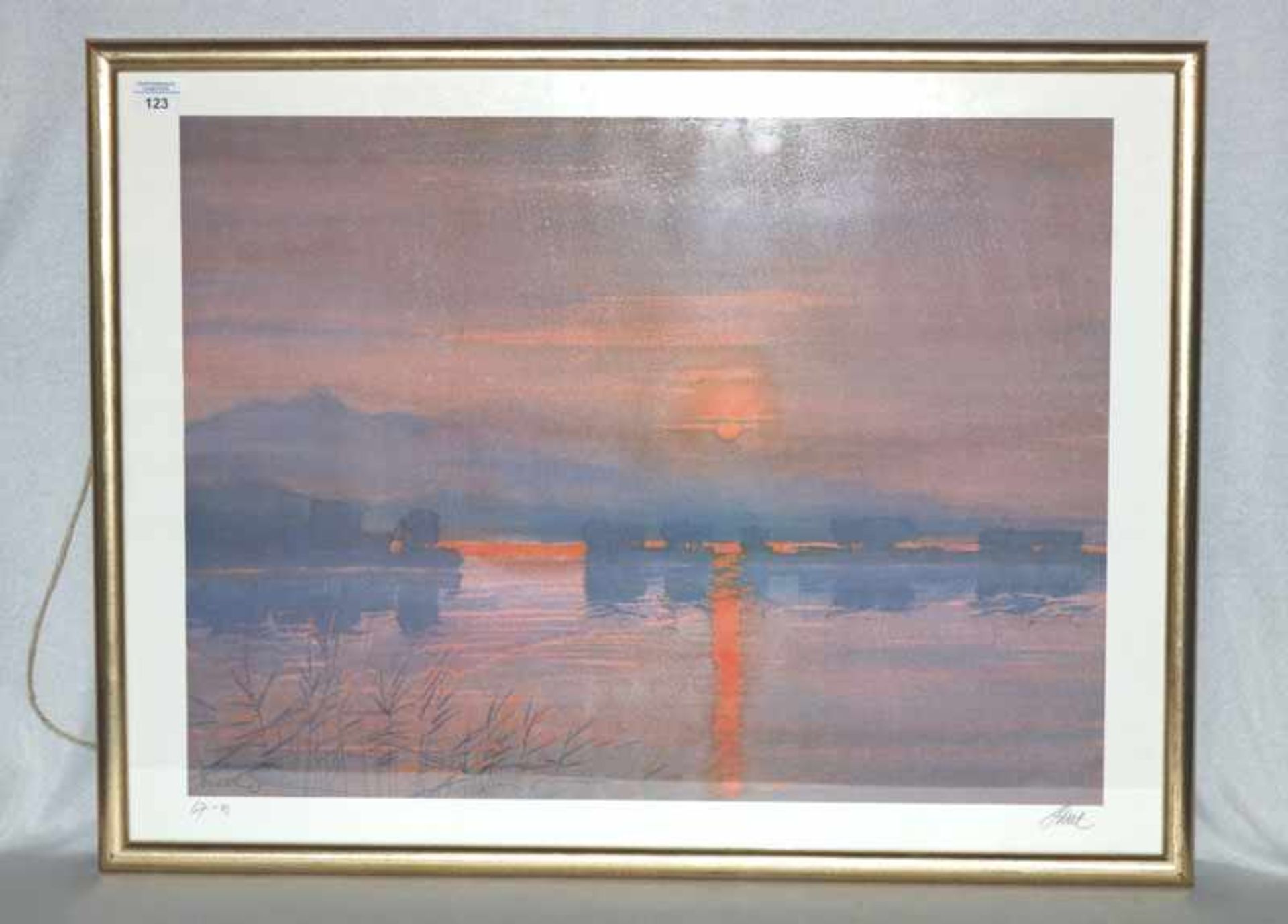 Lithographie 'Staffelsee im Sonnenuntergang', signiert Hierl, Fritz, * 1920 + 2005 Murnau, Nr. 67/