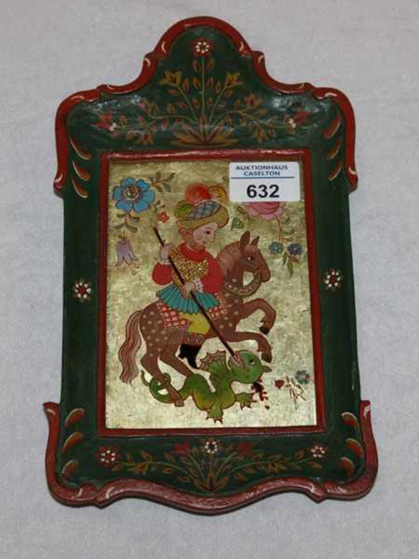 Hinterglasbild 'Hl. Georg mit Drachen', in bäuerlichem Holzrahmen, 28 cm x 16 cm