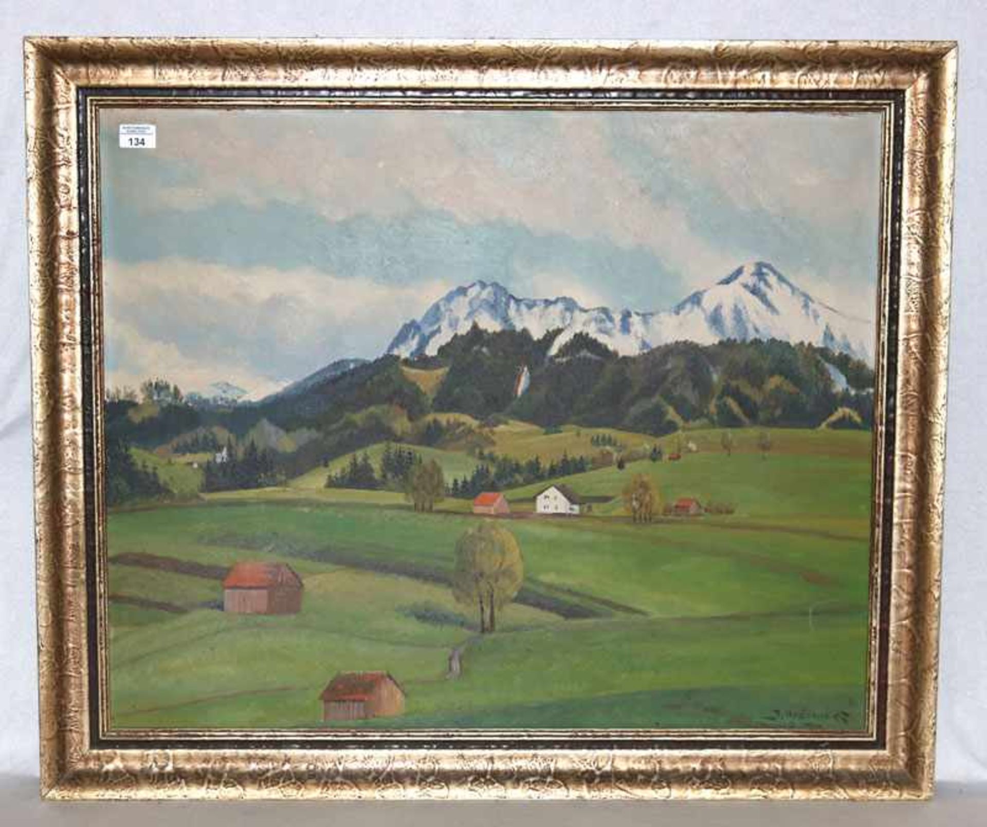 Gemälde ÖL/Malkarton 'Gebirgslandschaft', signiert J. Ossowsk ?, Murnau 1940, gerahmt, Rahmen leicht